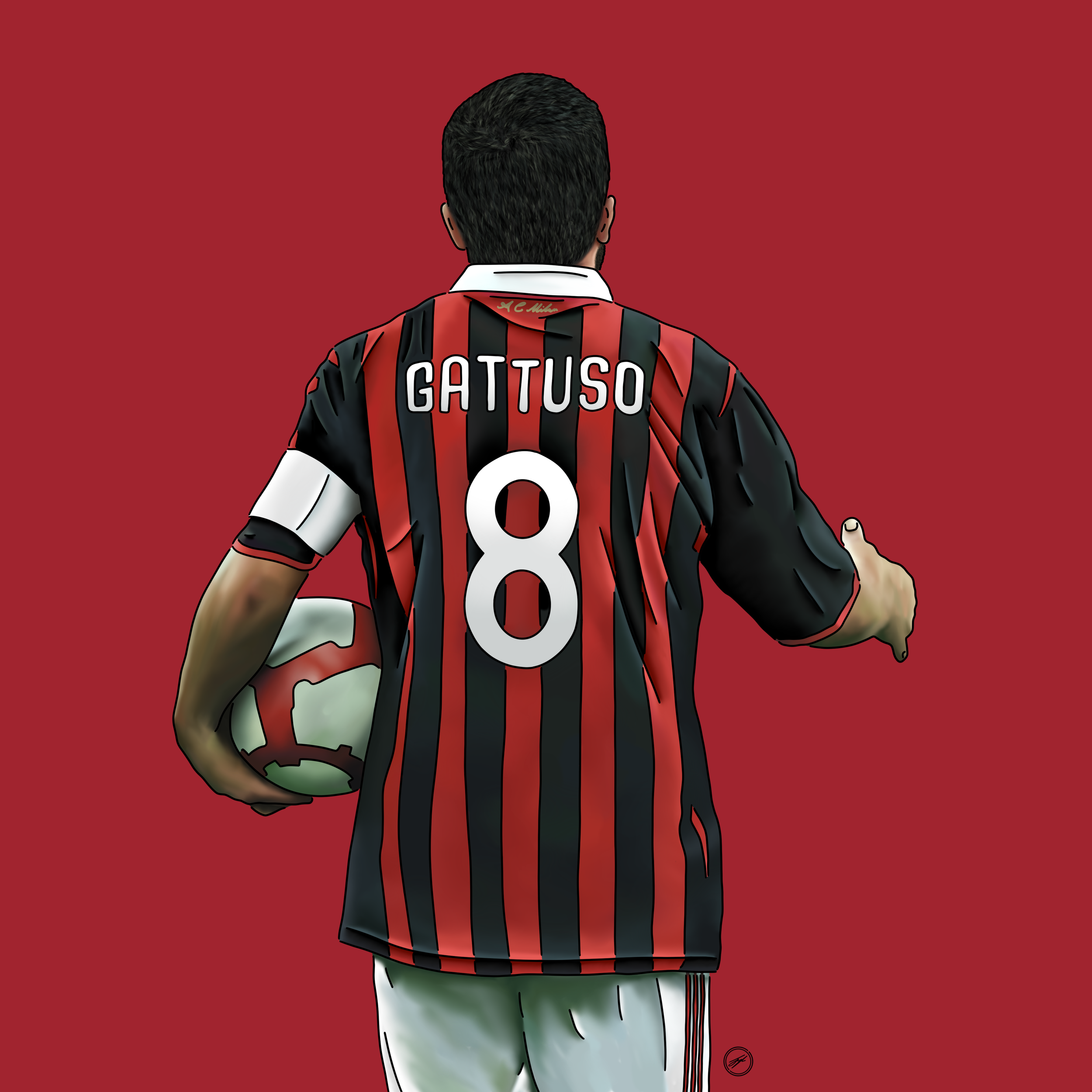 A football player from behind wearing a black and red striped jersey with the name GATTUSO and the number 8, holding a football under his left arm on a red background.