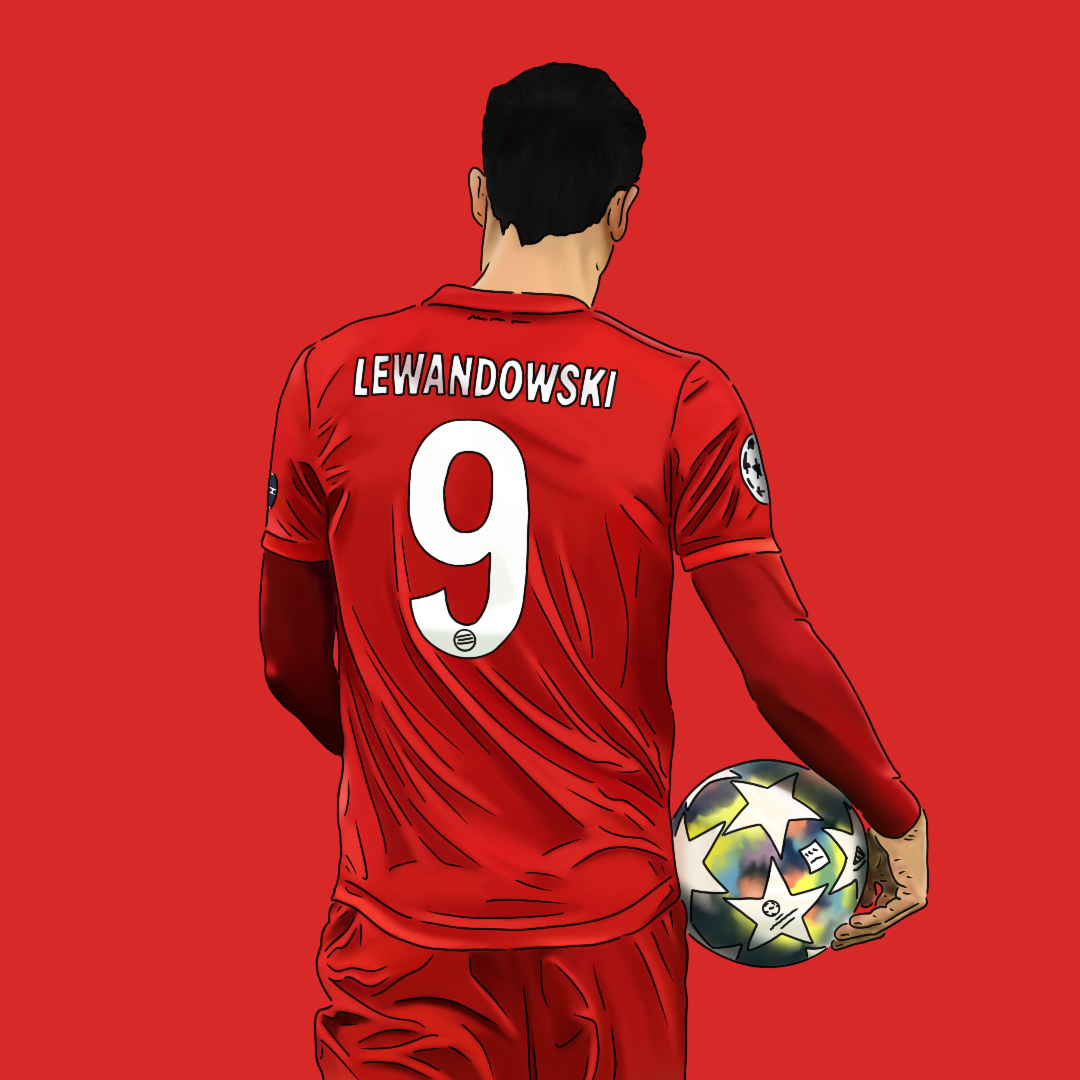 An illustration of a soccer player in a red jersey with the name 'Lewandowski' and number 9 on the back, holding a soccer ball, with a red background.