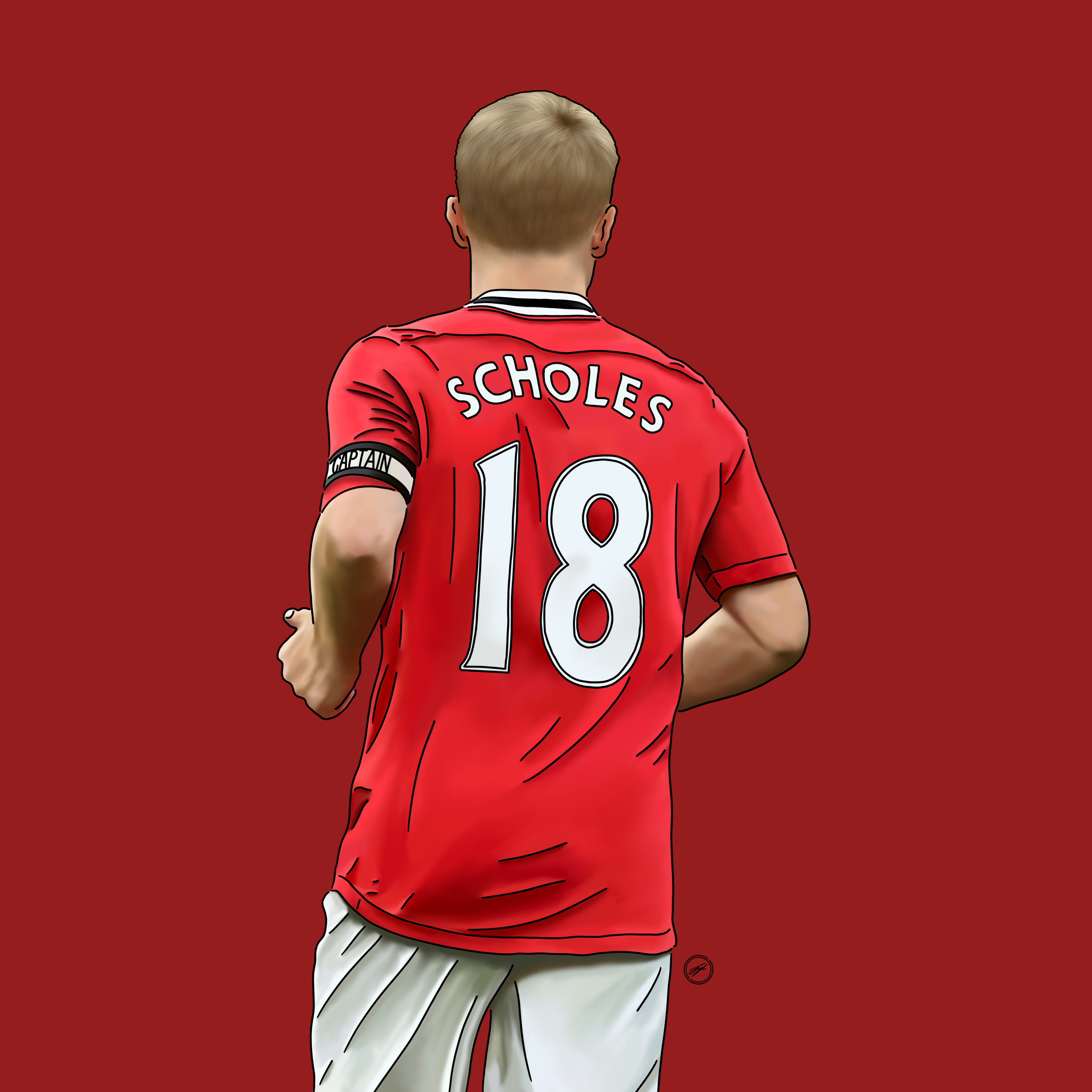 Illustration of a soccer player from behind wearing a red jersey with the name 'SCHOLES' and the number '18', and 'CAPTAIN' on the arm band, against a red background.