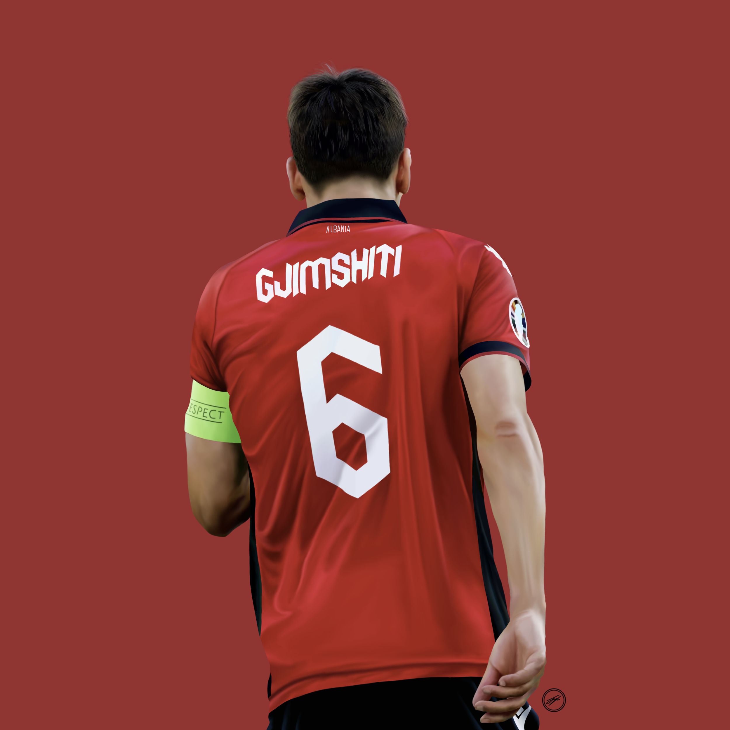Back of a soccer player wearing a red Albania national team jersey with the name 'GJIMSHITI' and number 6, standing against a red background.