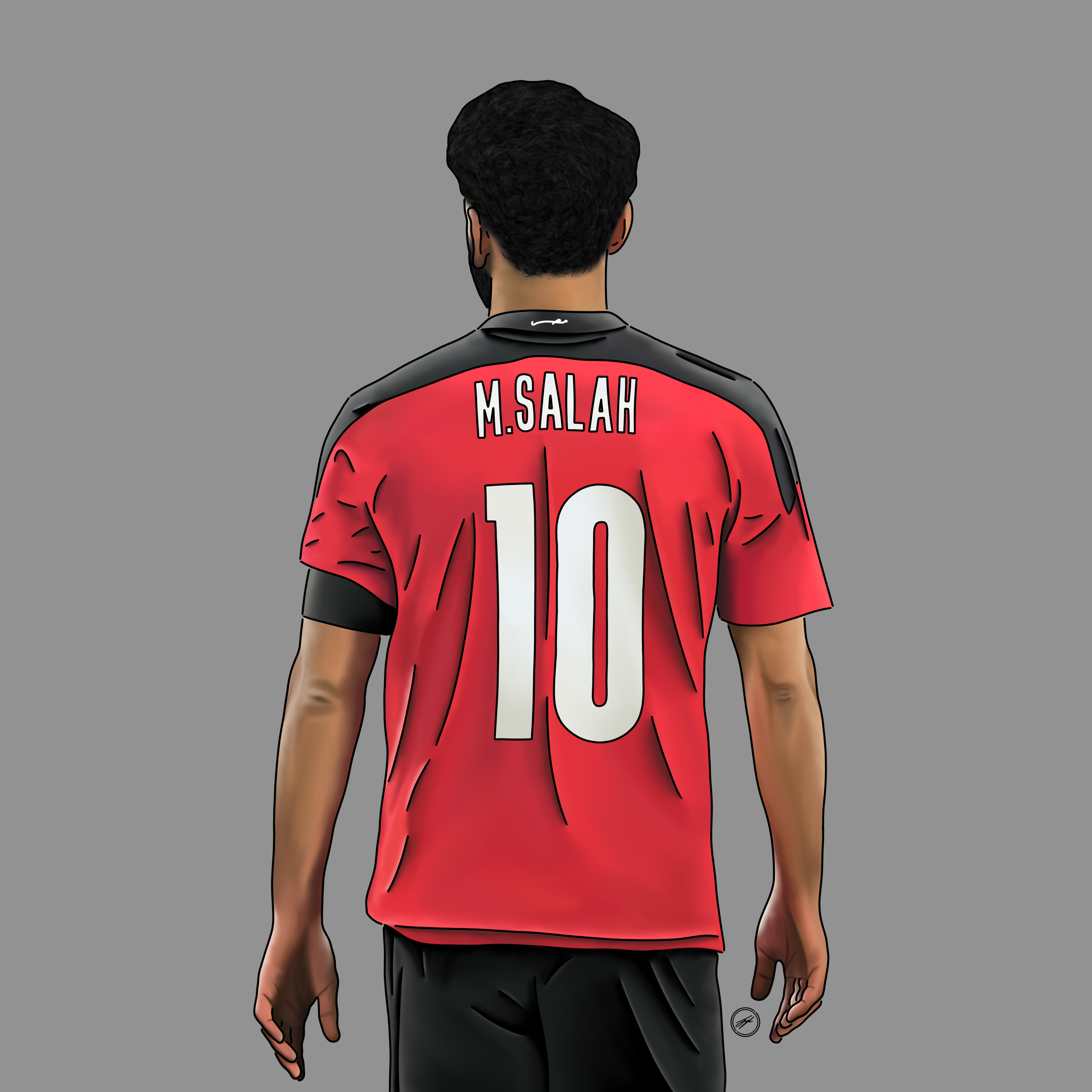 Digital illustration of a soccer player from behind, wearing a red jersey with black accents, the name 'M. Salah' and the number '10' on the back.