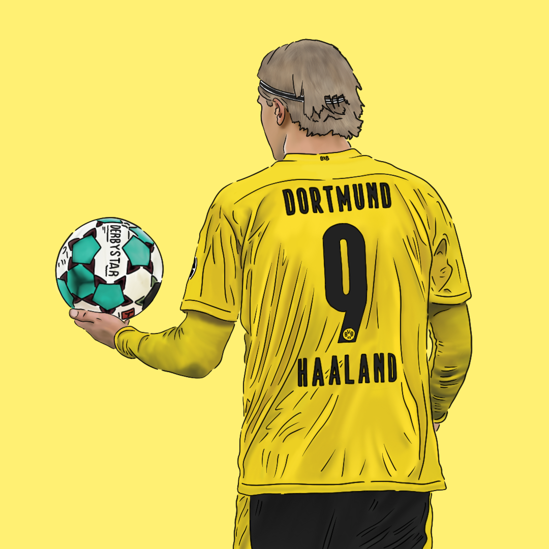 Illustration of a soccer player wearing a yellow Dortmund jersey with the number 9 and the name Haaland, holding a Borussia Dortmund branded soccer ball, with a plain yellow background.