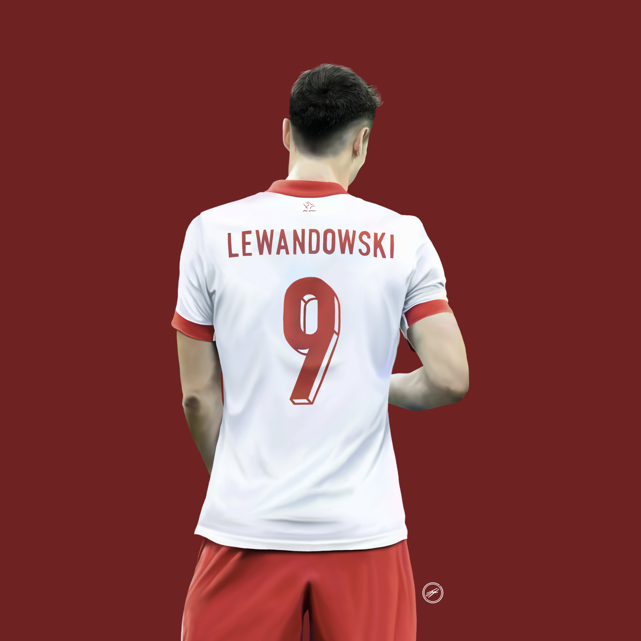 Back of a soccer player with jersey number 9 and name Lewandowski, wearing a white shirt with red accents, standing against a red background.