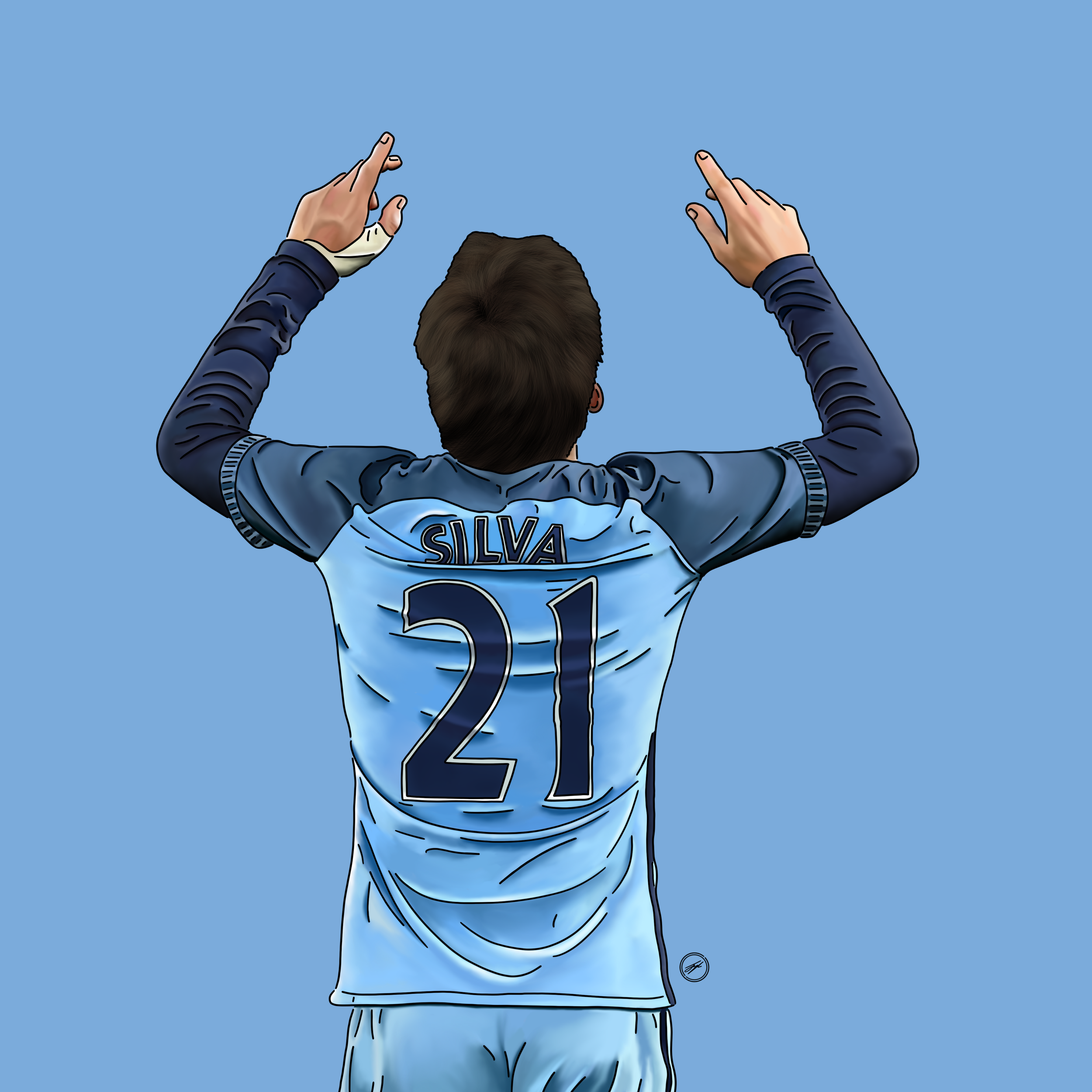 Illustration of a soccer player from behind wearing a light blue jersey with the number 21 and the name Silva, raising both arms with hands pointing upward against a light blue background.