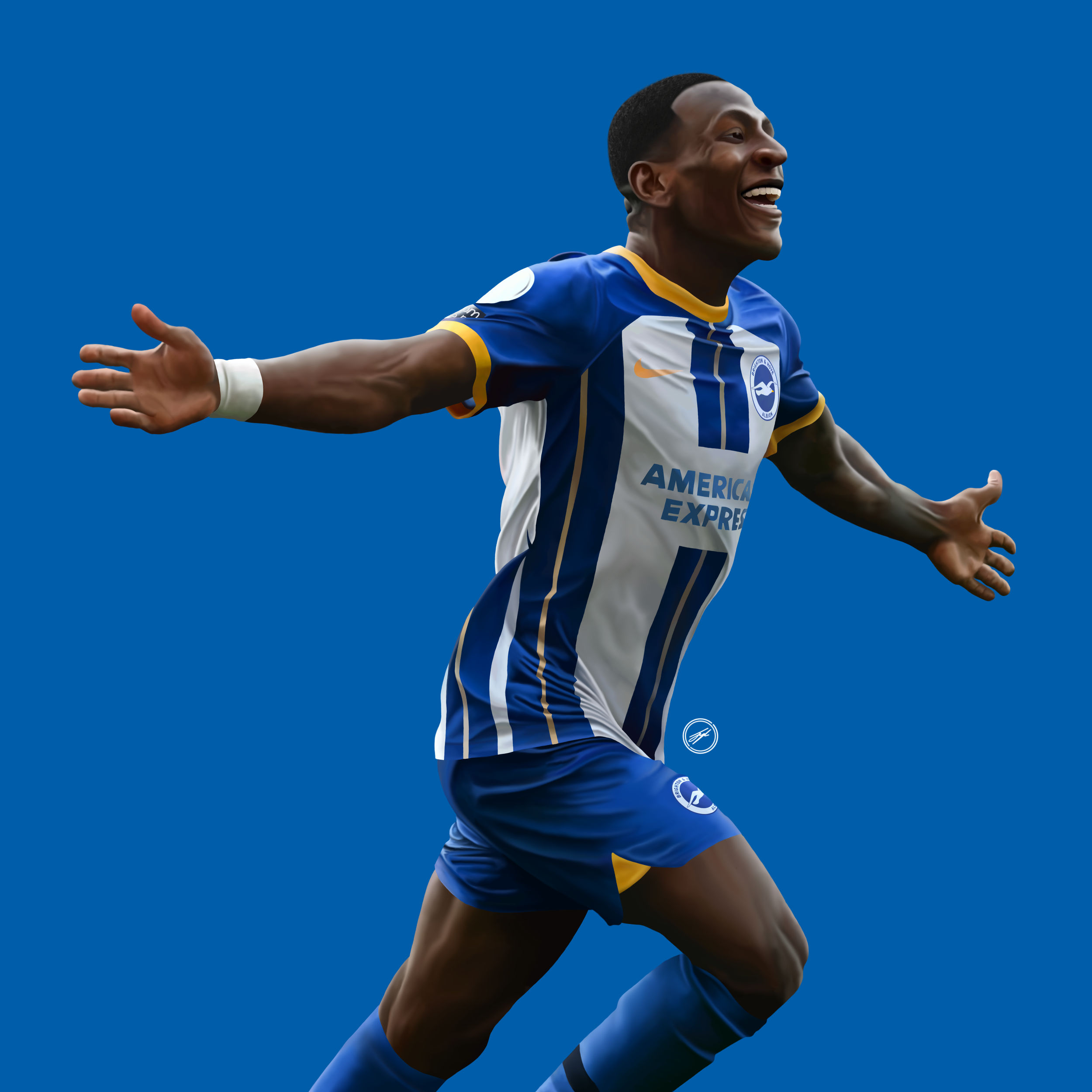 A soccer player in a blue and white jersey celebrating with arms outstretched, against a solid blue background.