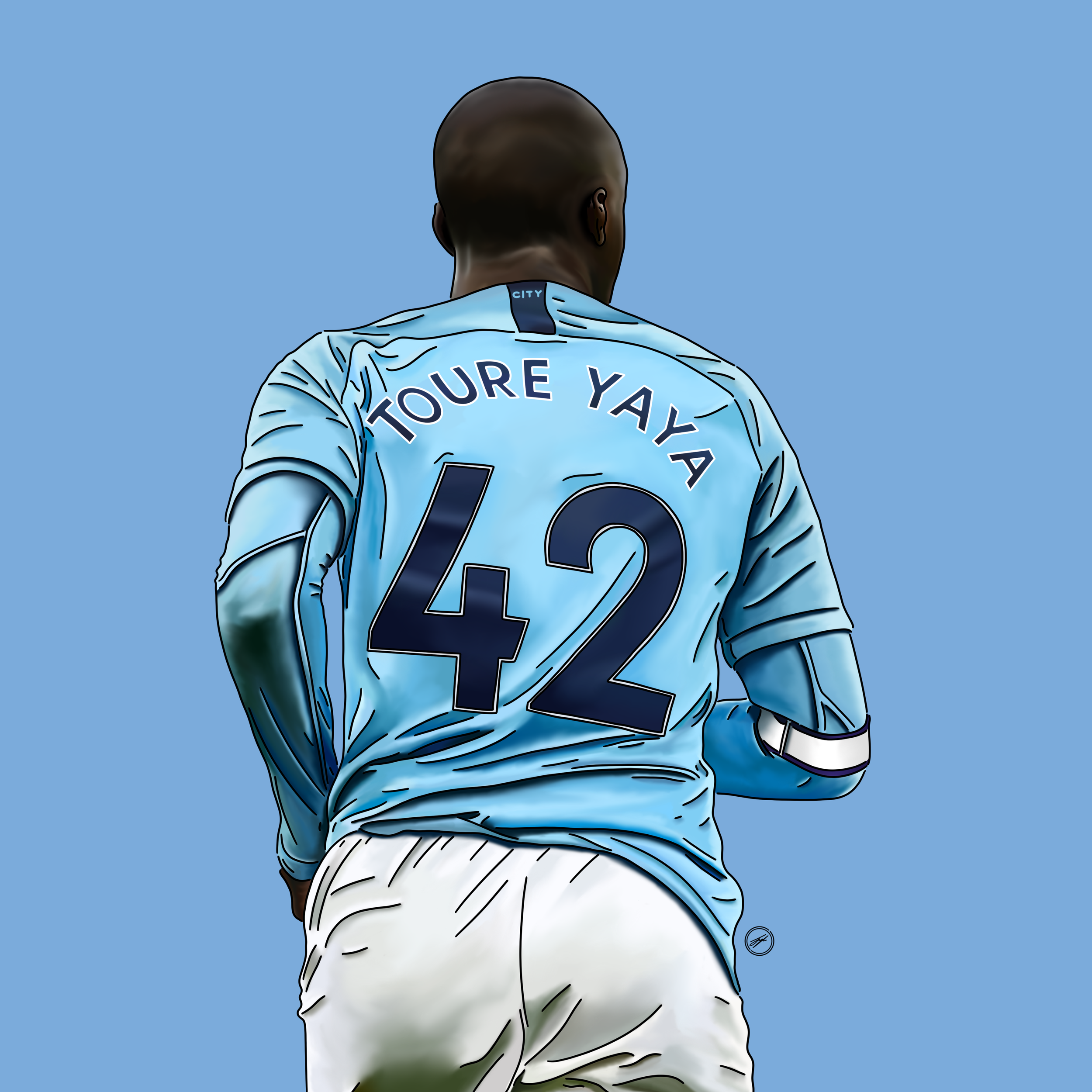 A football player seen from behind wearing a light blue jersey with the number 42 and the name 'TOURE YAYA' on the back, standing against a blue background.