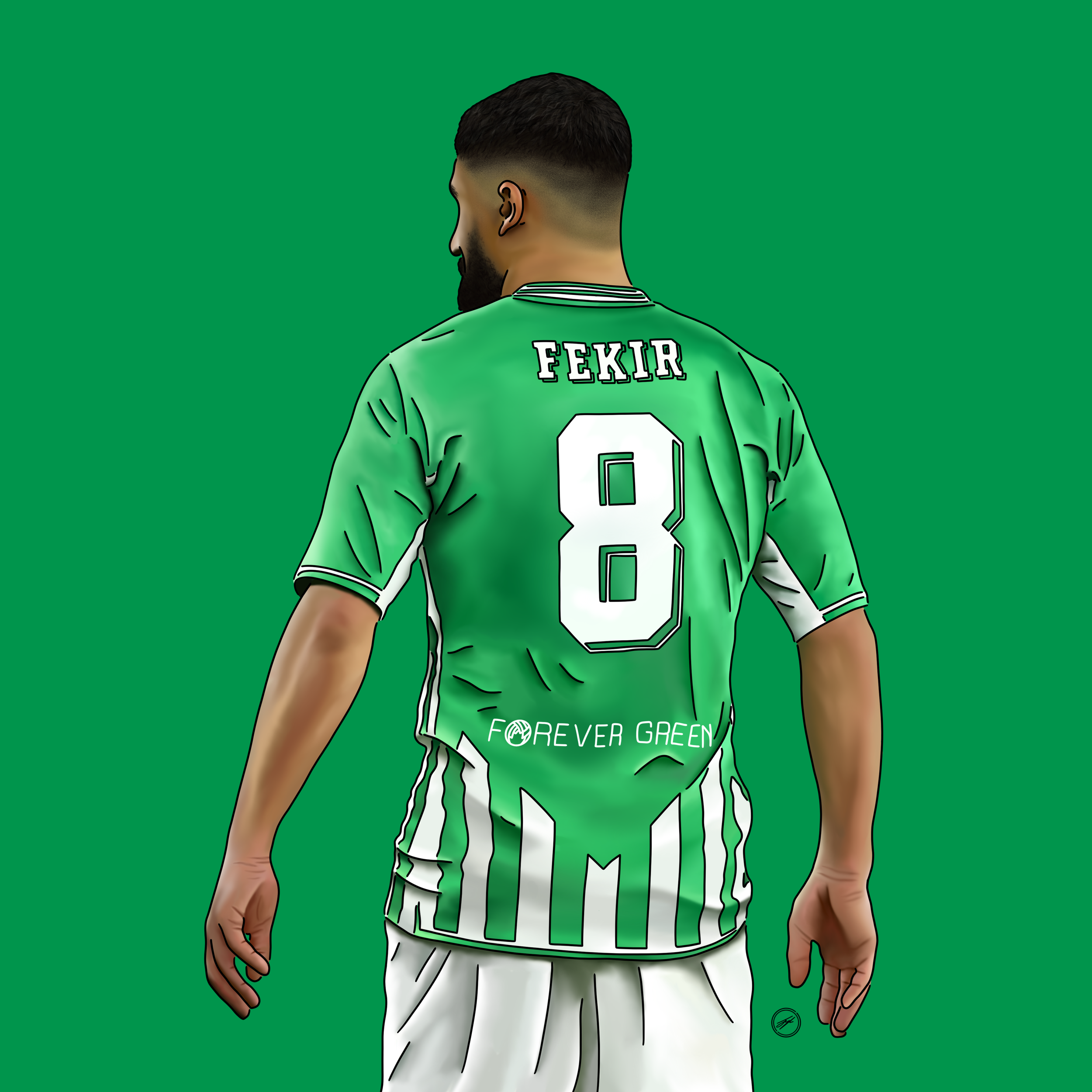 Digital illustration of a football player seen from behind, wearing a green jersey with the name 'FEKIR' and the number '8', along with the text 'FOREVER GREEN' and a stylized logo, against a green background.
