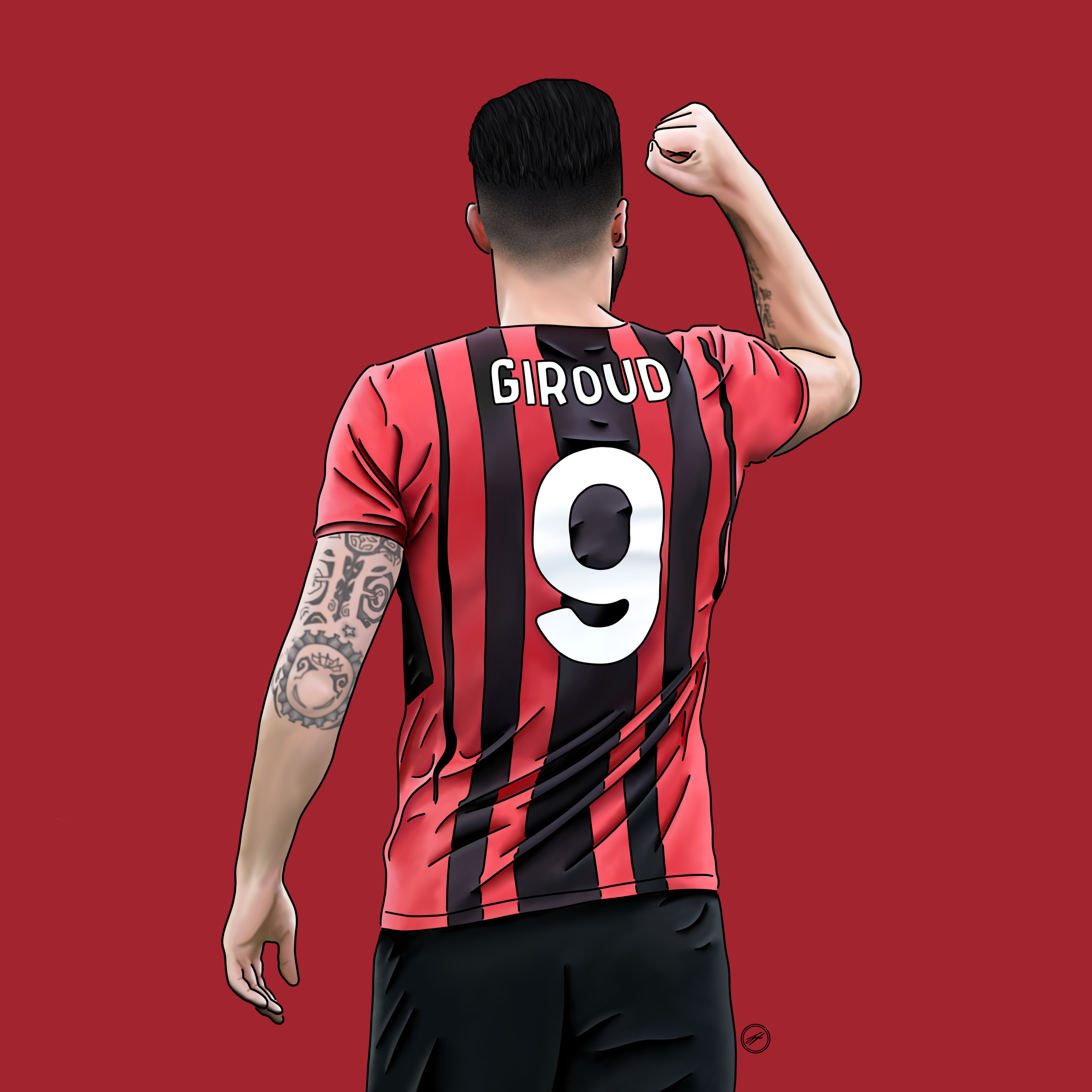 Digital illustration of a soccer player from behind, wearing a red and black striped jersey with the name 'GIRoud' and the number '9', flexing his right arm against a solid red background.