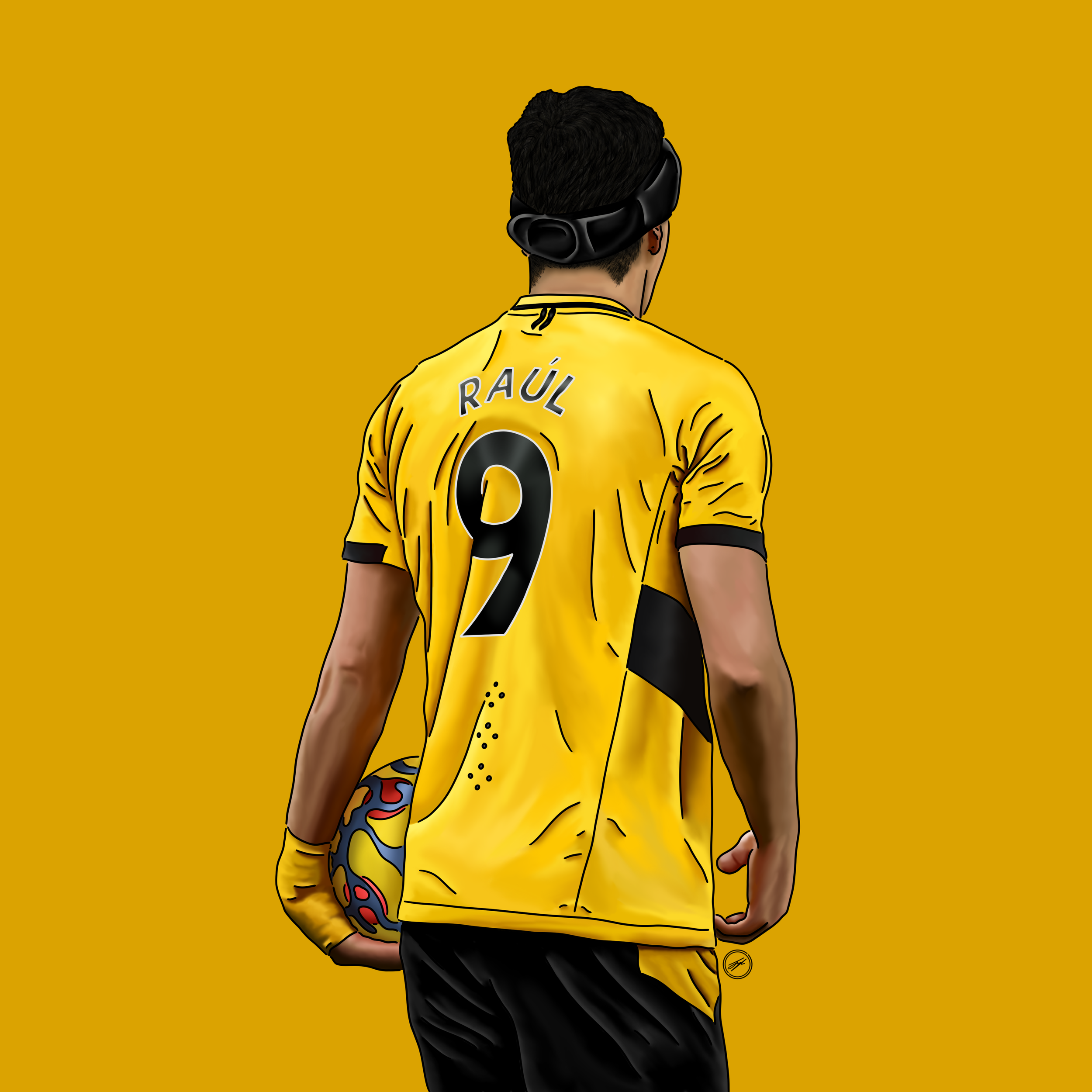 Back view of a soccer player wearing a yellow jersey with the name Raúl and number 9, holding a colorful soccer ball, against a yellow background.