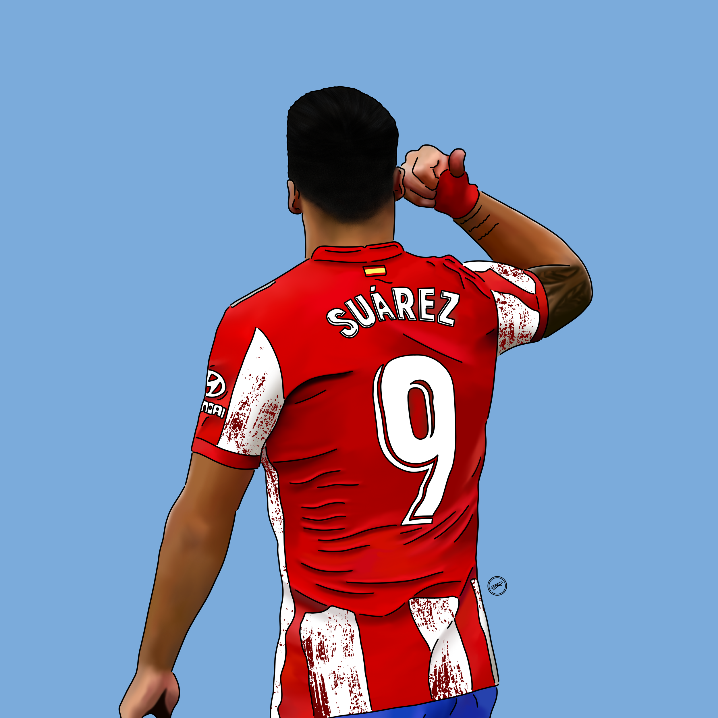 Illustration of soccer player wearing a red jersey with 'Suárez' and number 9, facing away and making a fist gesture against a light blue background.