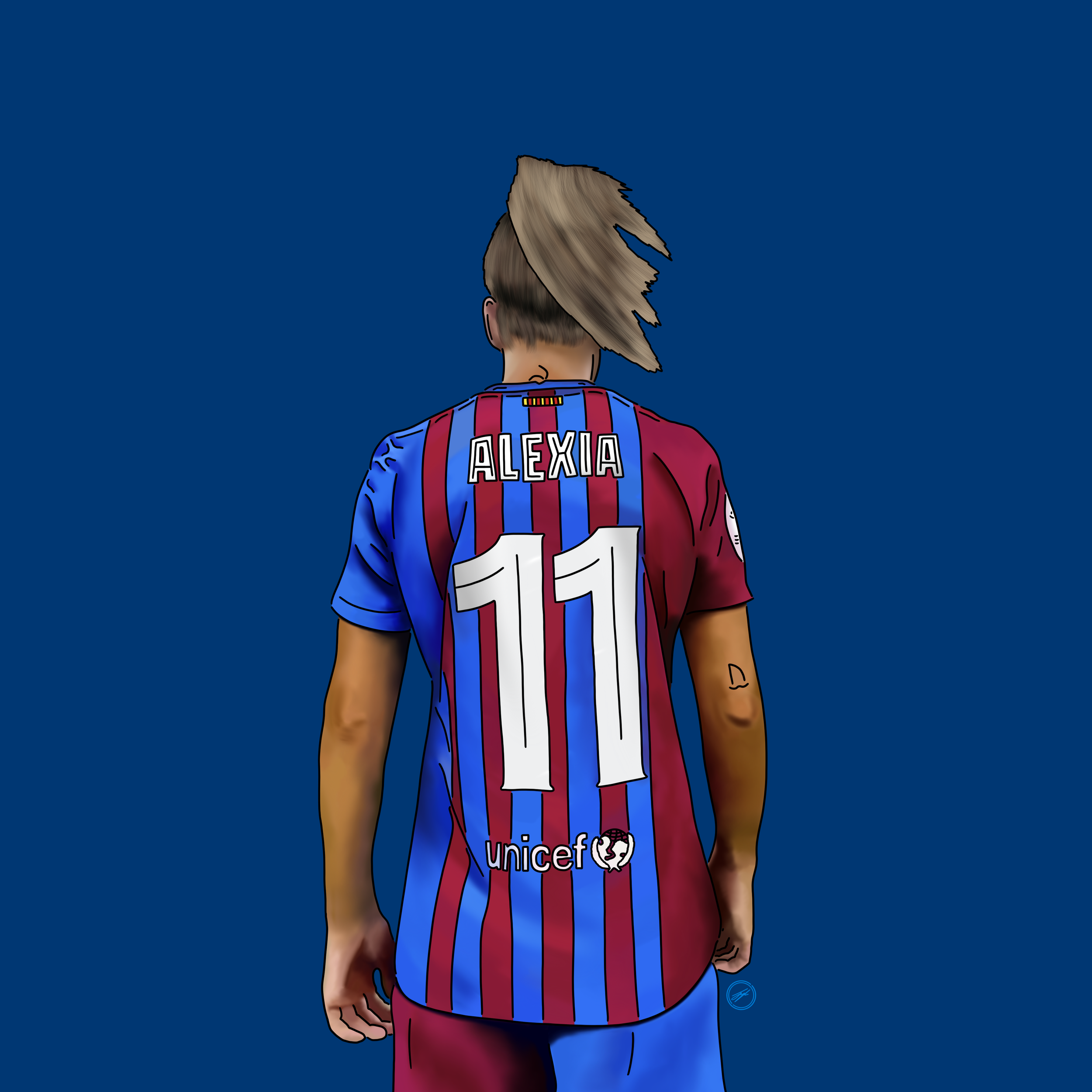 Digital illustration of a female soccer player wearing a FC Barcelona jersey with the name 'ALEXIA' and number '11', standing with her back against a solid dark blue background.