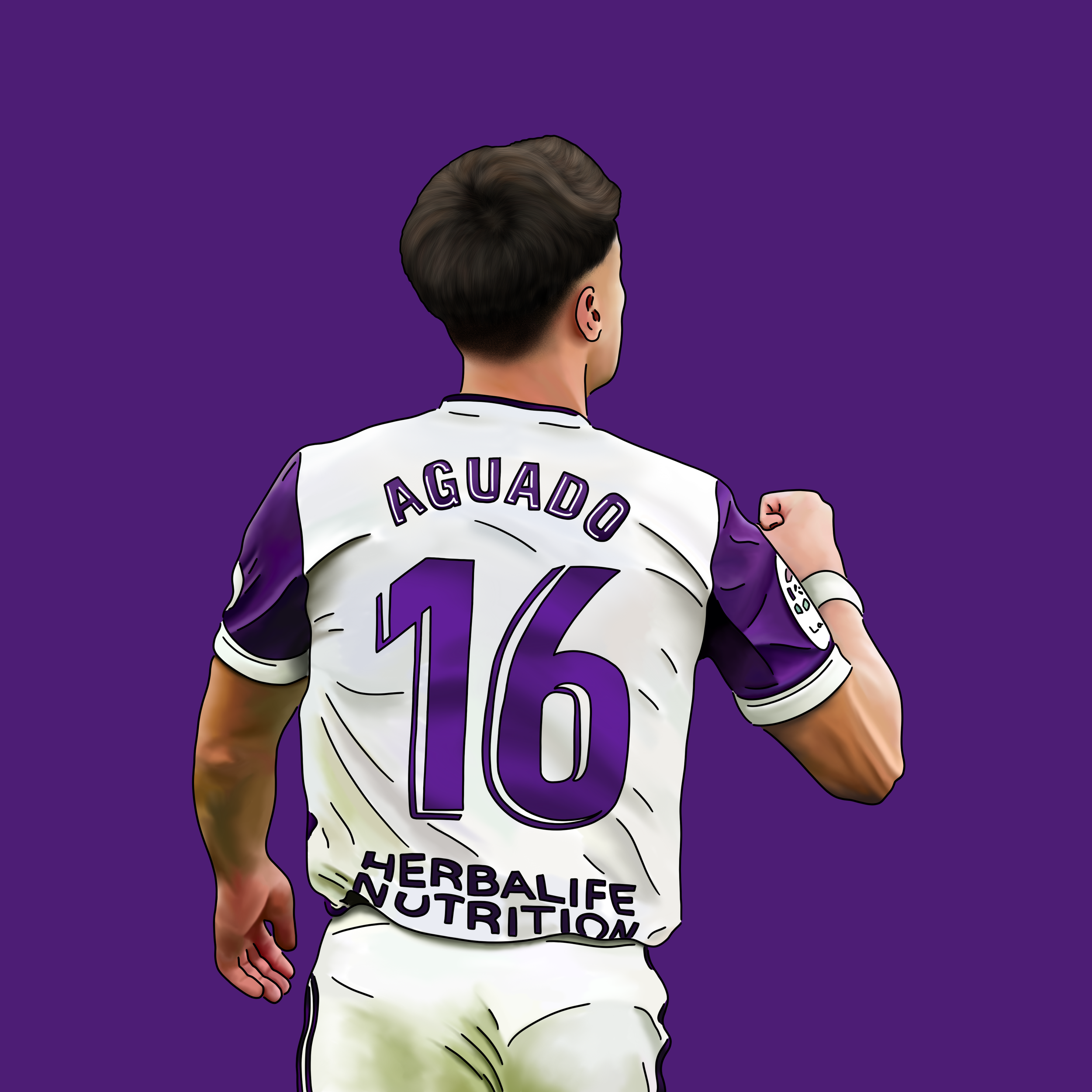 Digital illustration of a soccer player seen from behind, wearing a jersey with the name 'Aguado' and number 16, against a purple background.