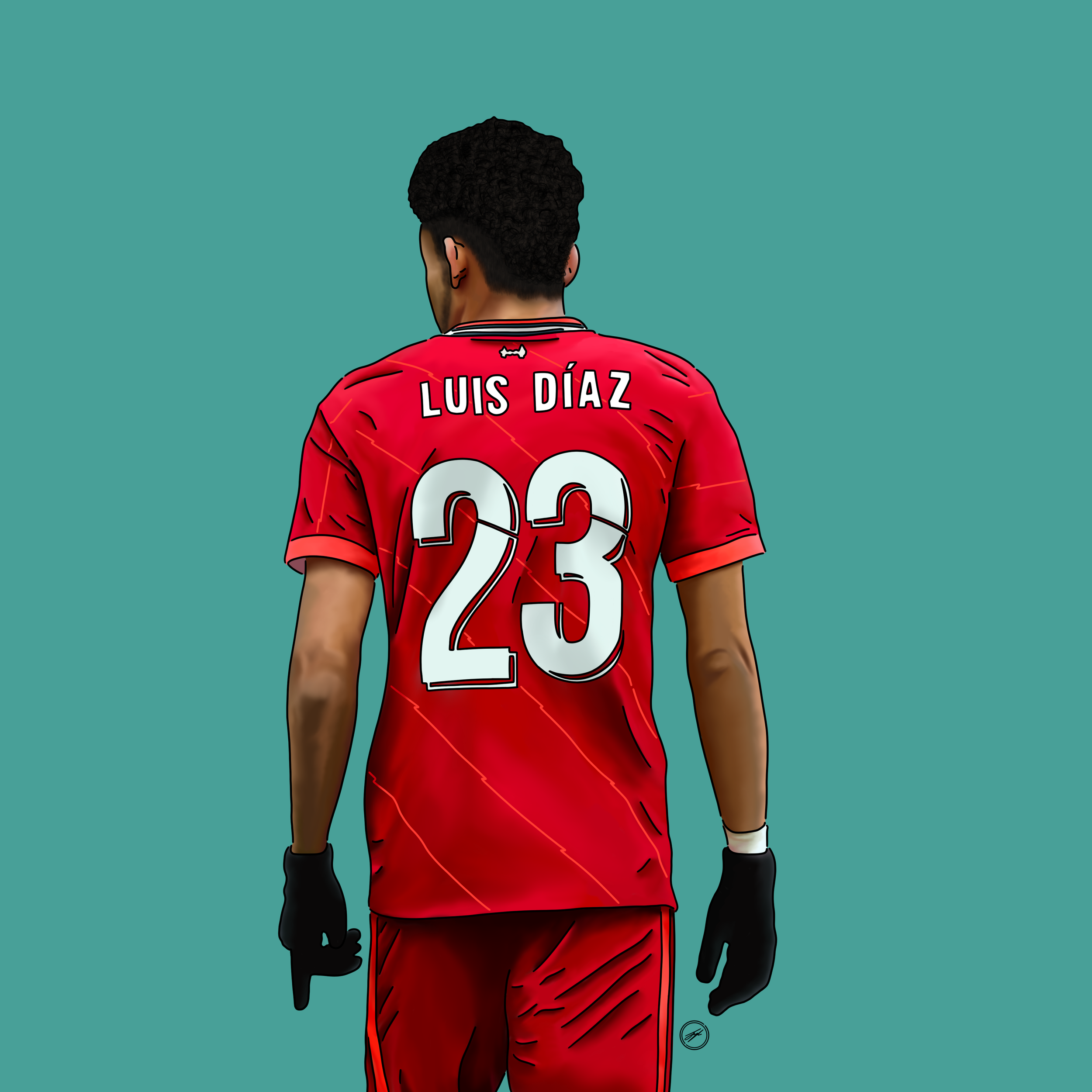 Digital illustration of a soccer player in a red jersey with 'Luis D e1z' and the number 23 on the back, facing away against a teal background.