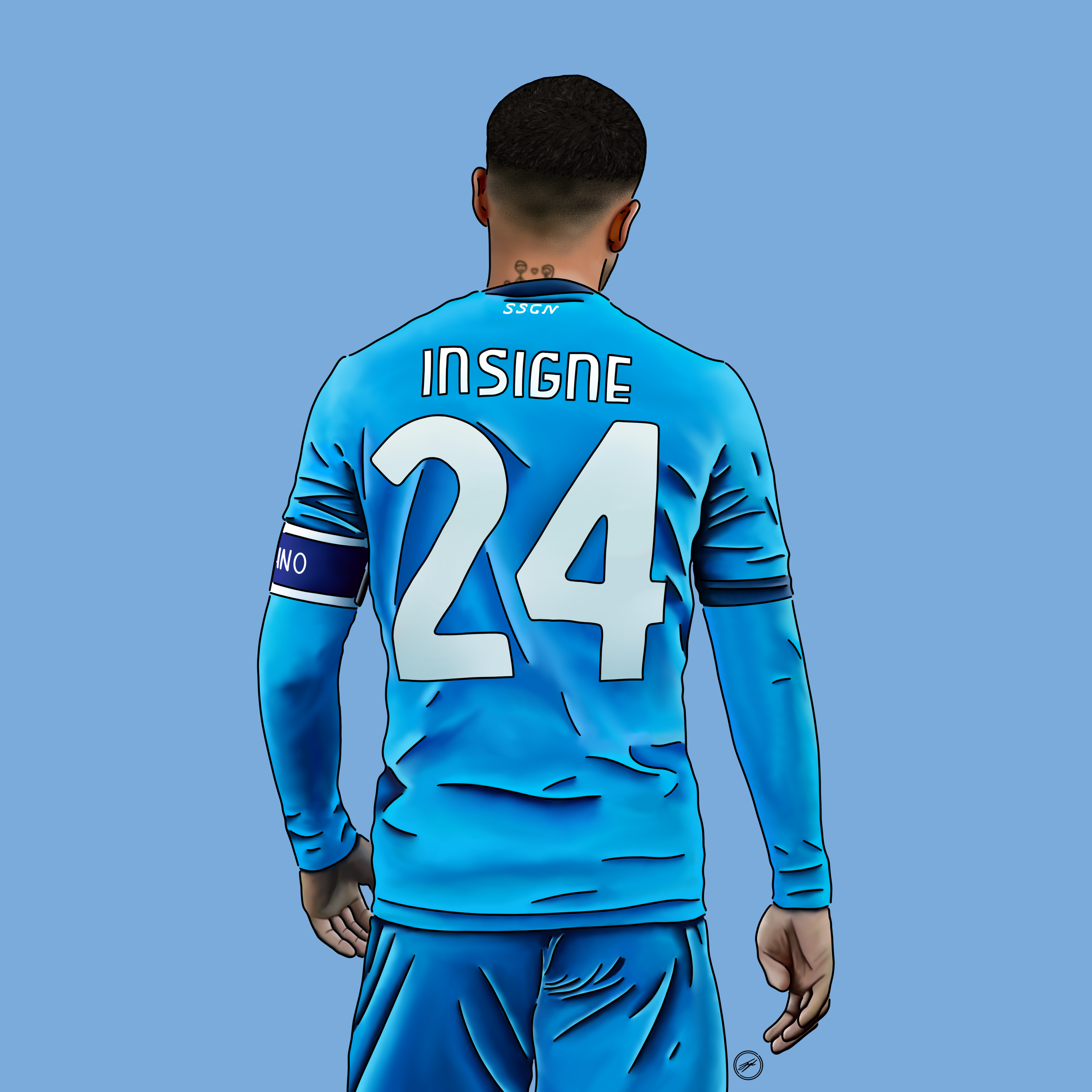 Back view of a football player wearing a blue jersey with the name INSIGNE and the number 24, against a blue background.