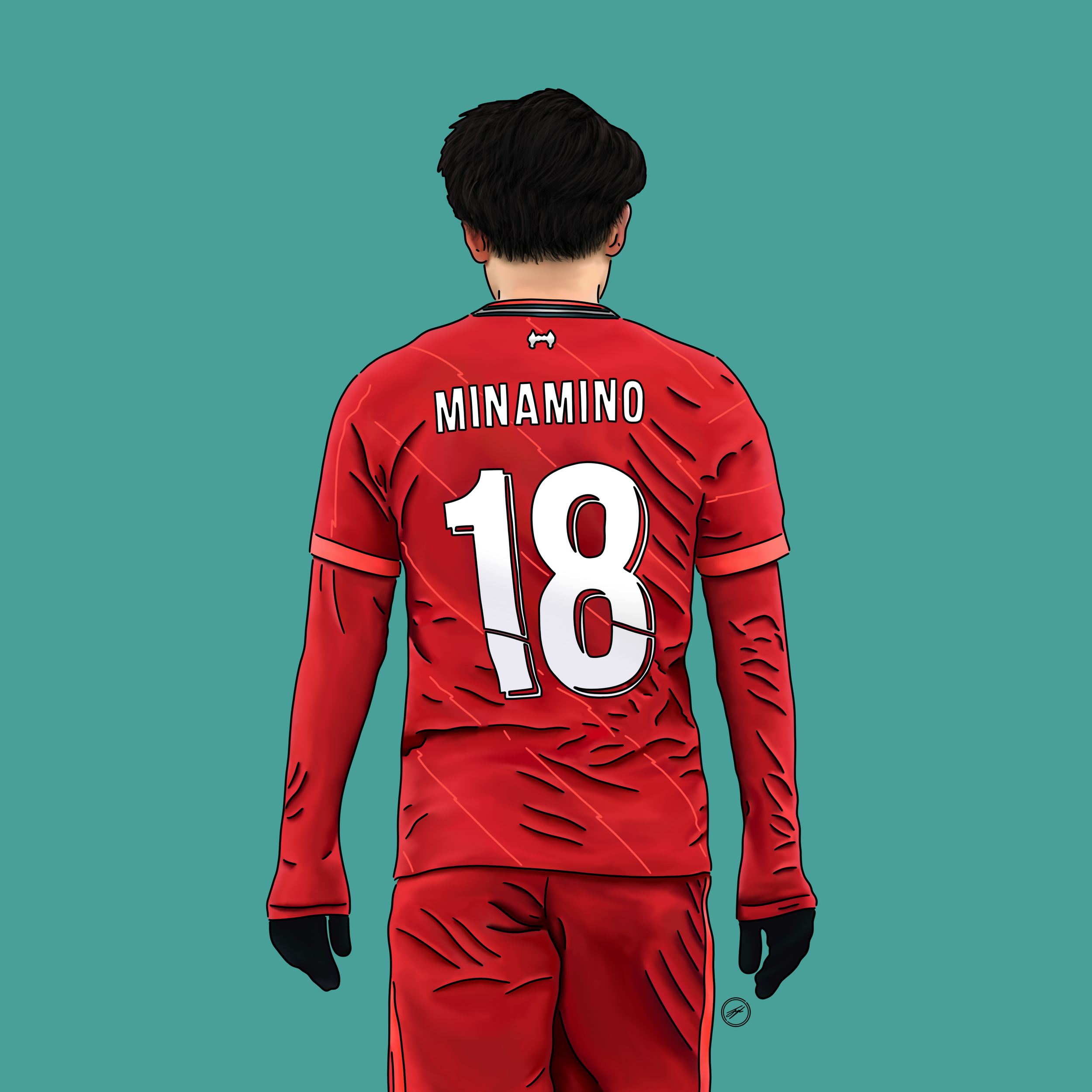 Digital illustration of a person wearing a red sports jersey with the name 'Minamino' and the number 18 on the back, standing against a teal background.