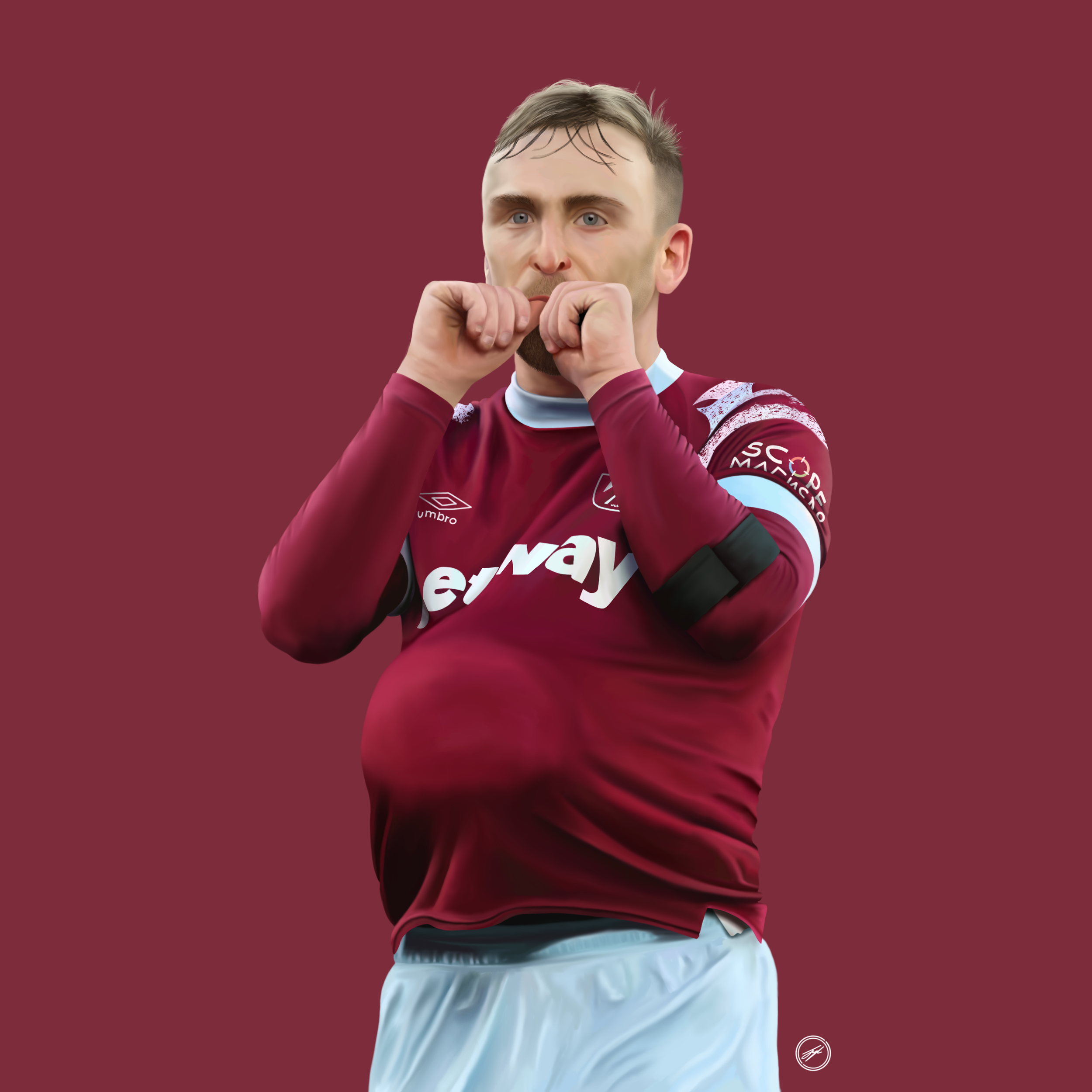 A soccer player in a maroon jersey with a white collar, making a fist gesture and holding it near his mouth, standing against a plain background.