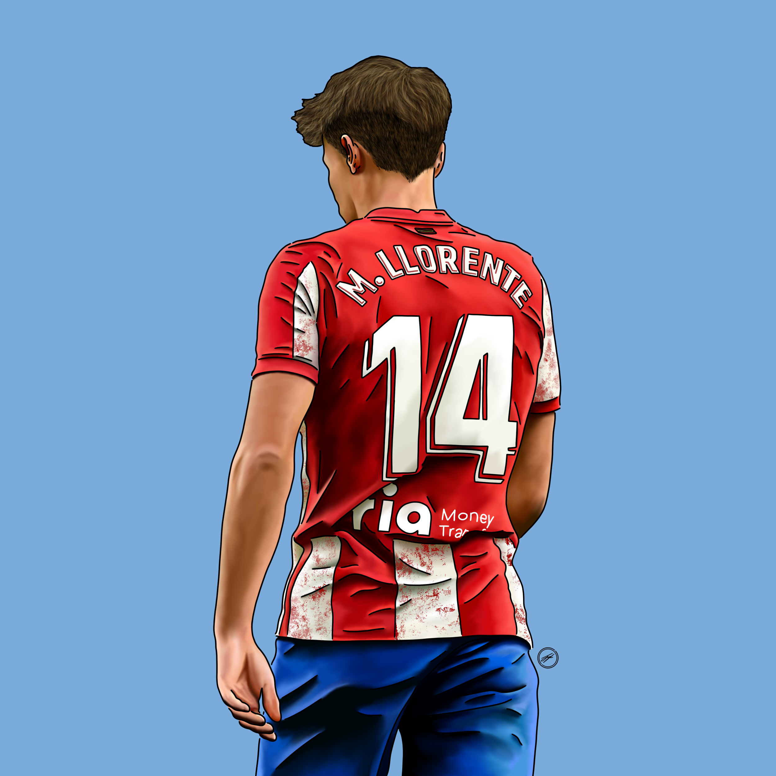 Digital illustration of a young male soccer player from behind, wearing a red jersey with the name 'M. LLORENTÉ' and the number 14, against a solid light blue background.