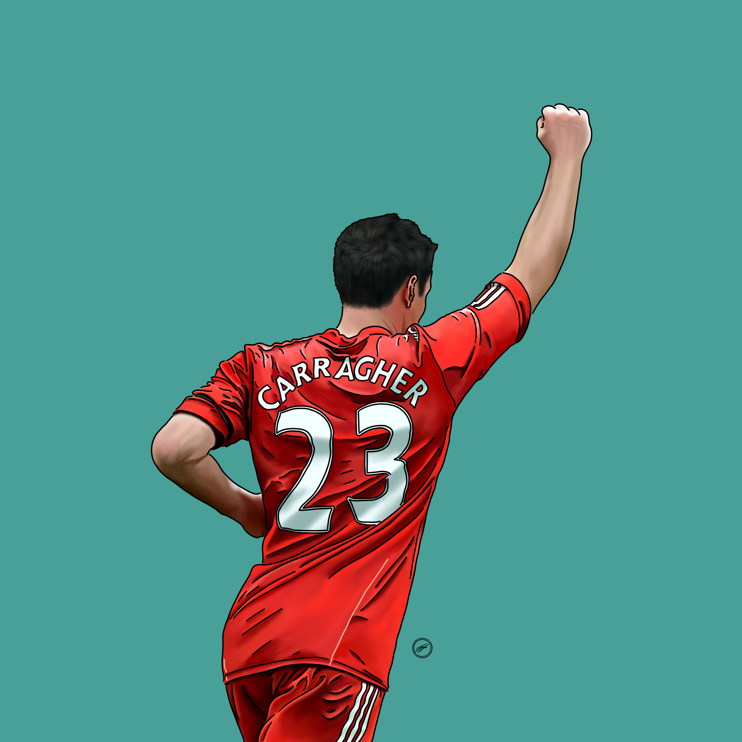 An illustrated soccer player from the back wearing a red jersey with the name Carragher and the number 23, raising his right arm in celebration against a teal background.