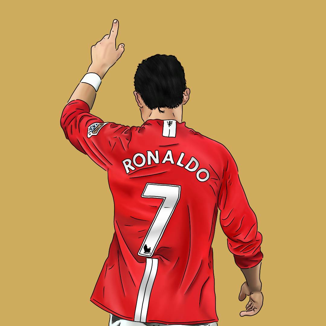 An illustration of Cristiano Ronaldo, wearing a red Manchester United jersey with the number 7, seen from behind, raising his right hand with his index finger pointing upwards.