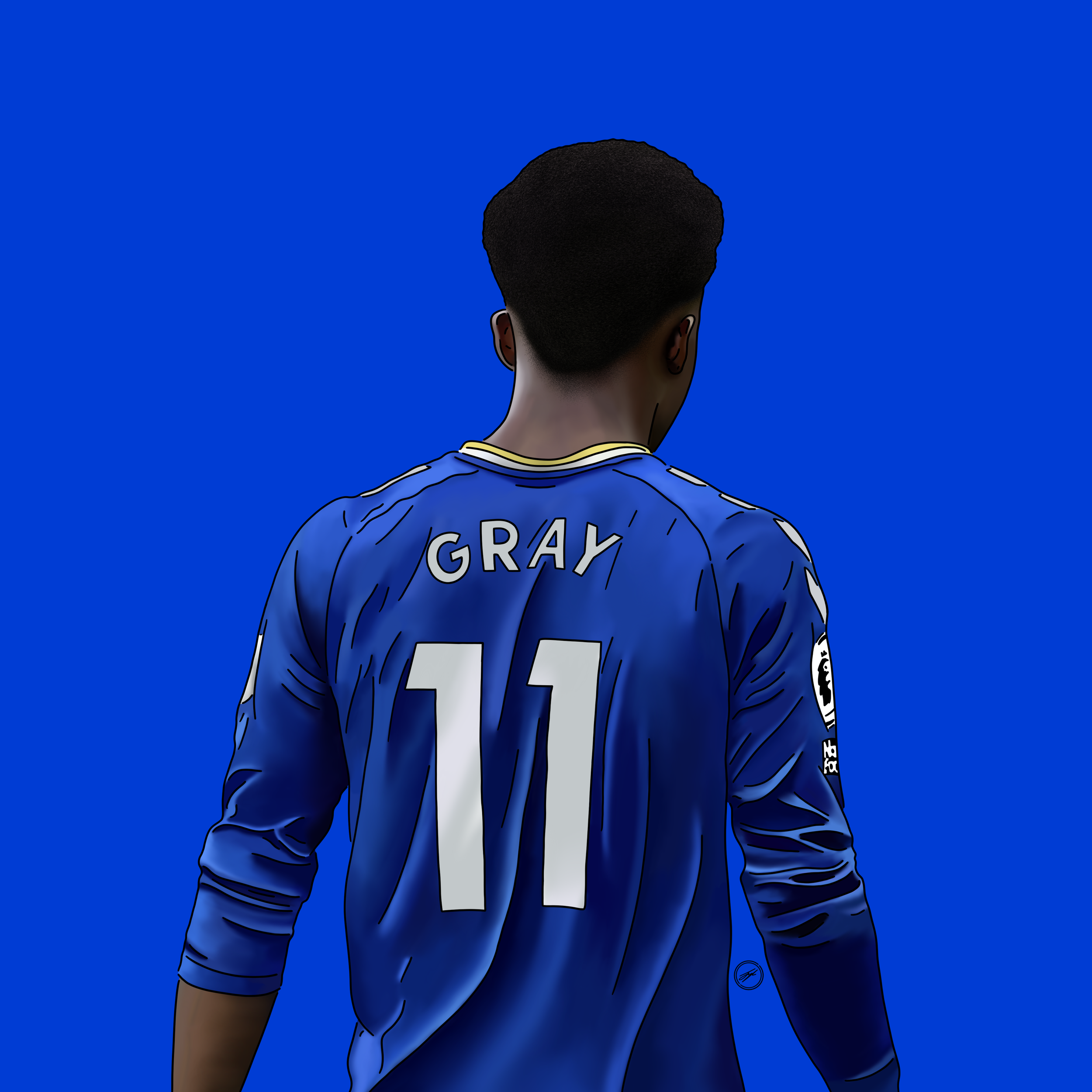 A digital illustration of a football player wearing a blue jersey with the name 'GRAY' and the number '11' on the back, standing against a matching blue background.
