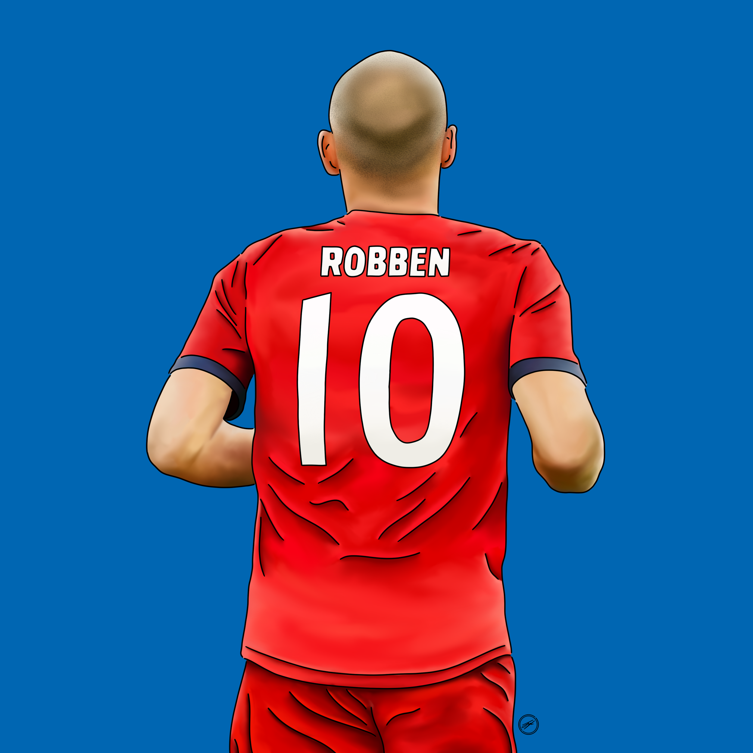 Digital illustration of a soccer player from behind, wearing a red jersey with the name 'ROBBEN' and the number 10 on the back, against a blue background.