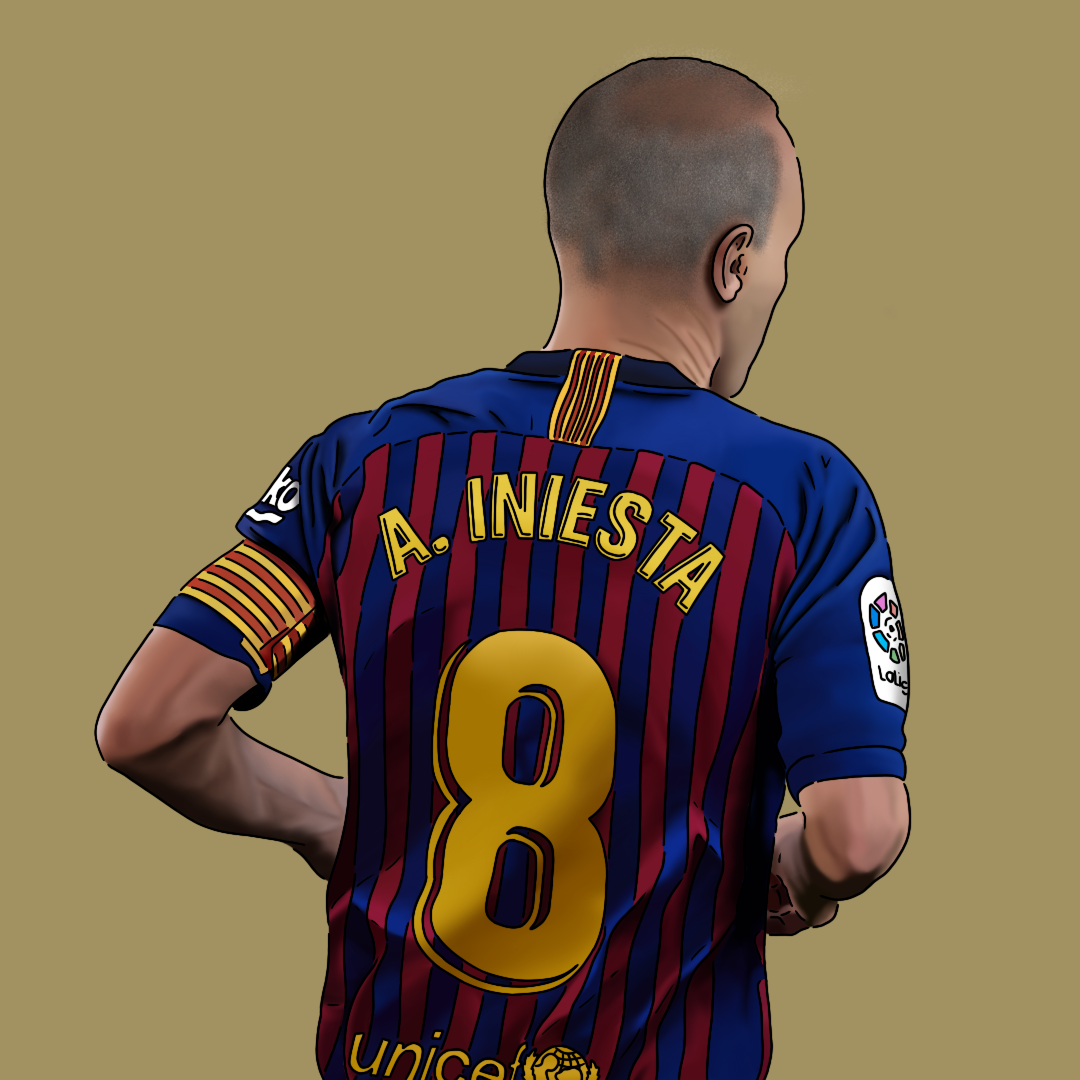 A soccer player wearing a FC Barcelona jersey with the number 8 and the name 'A. Iniesta' on the back, standing against a plain background.