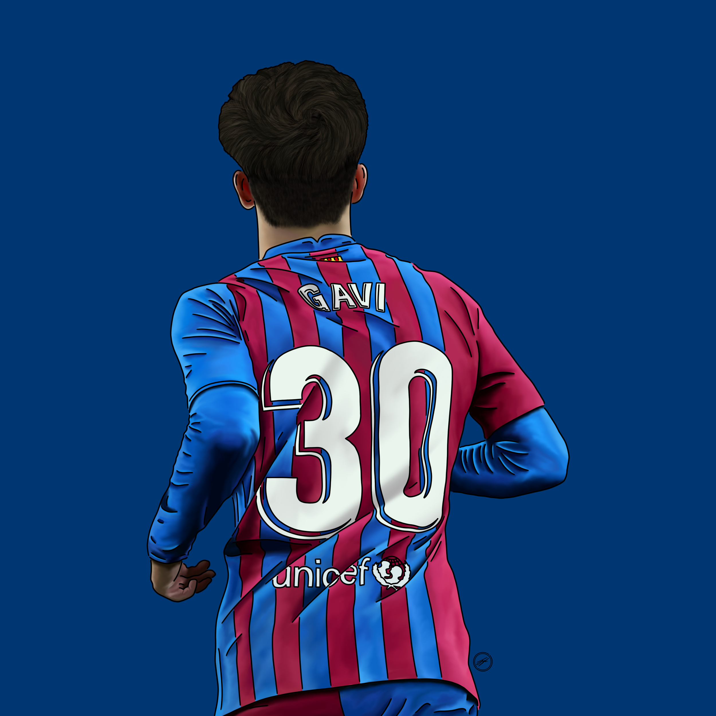Digital illustration of a soccer player from behind, wearing a red and blue striped jersey with the name 'GAVI' and the number '30' on back, against a dark blue background.