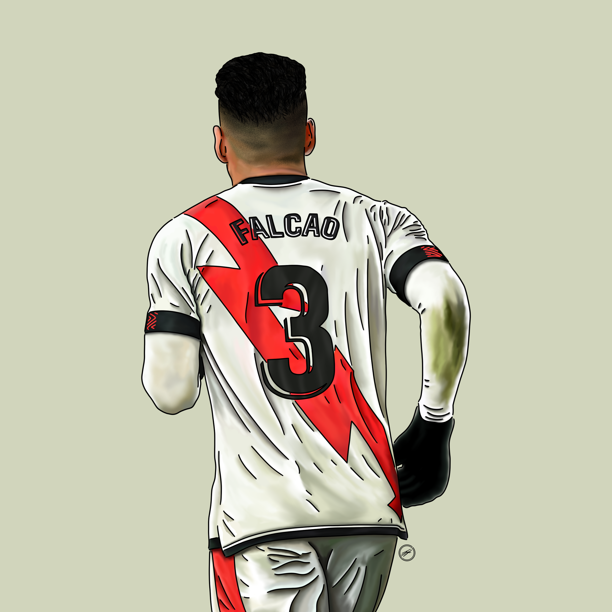 A football player with the name Falcao and number 3 on the back, seen from behind, wearing a white and black uniform with a red diagonal stripe.