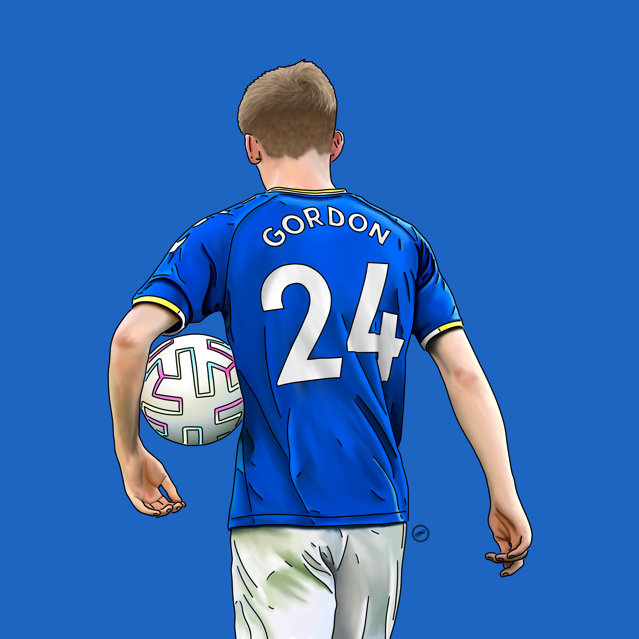 A football player from behind, wearing a blue jersey with the name 'GORDON' and the number 24 on it, holding a colorful football against a blue background.