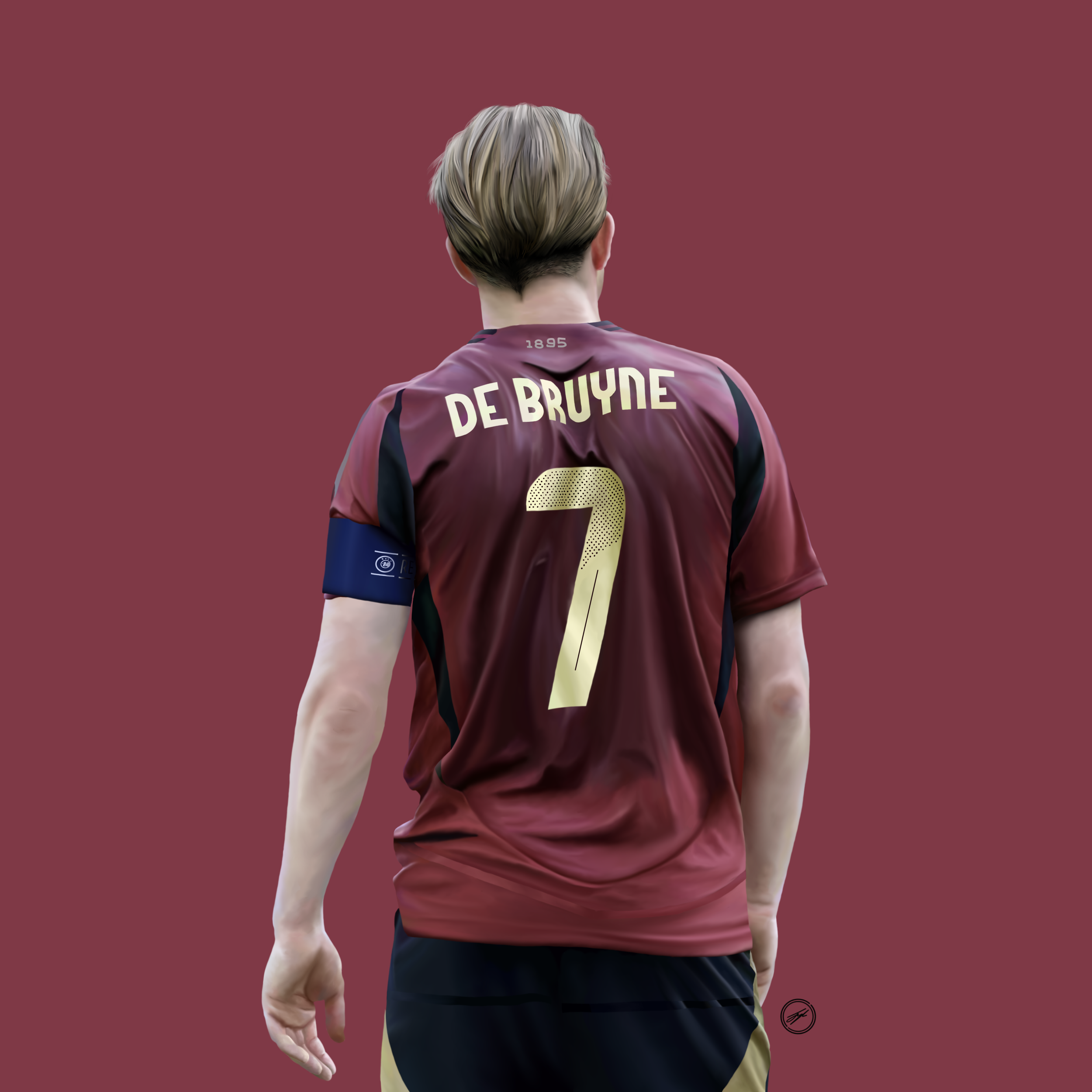 Back view of a soccer player wearing a maroon jersey with gold lettering that reads 'De Bruyne' and the number 7, with a maroon background.