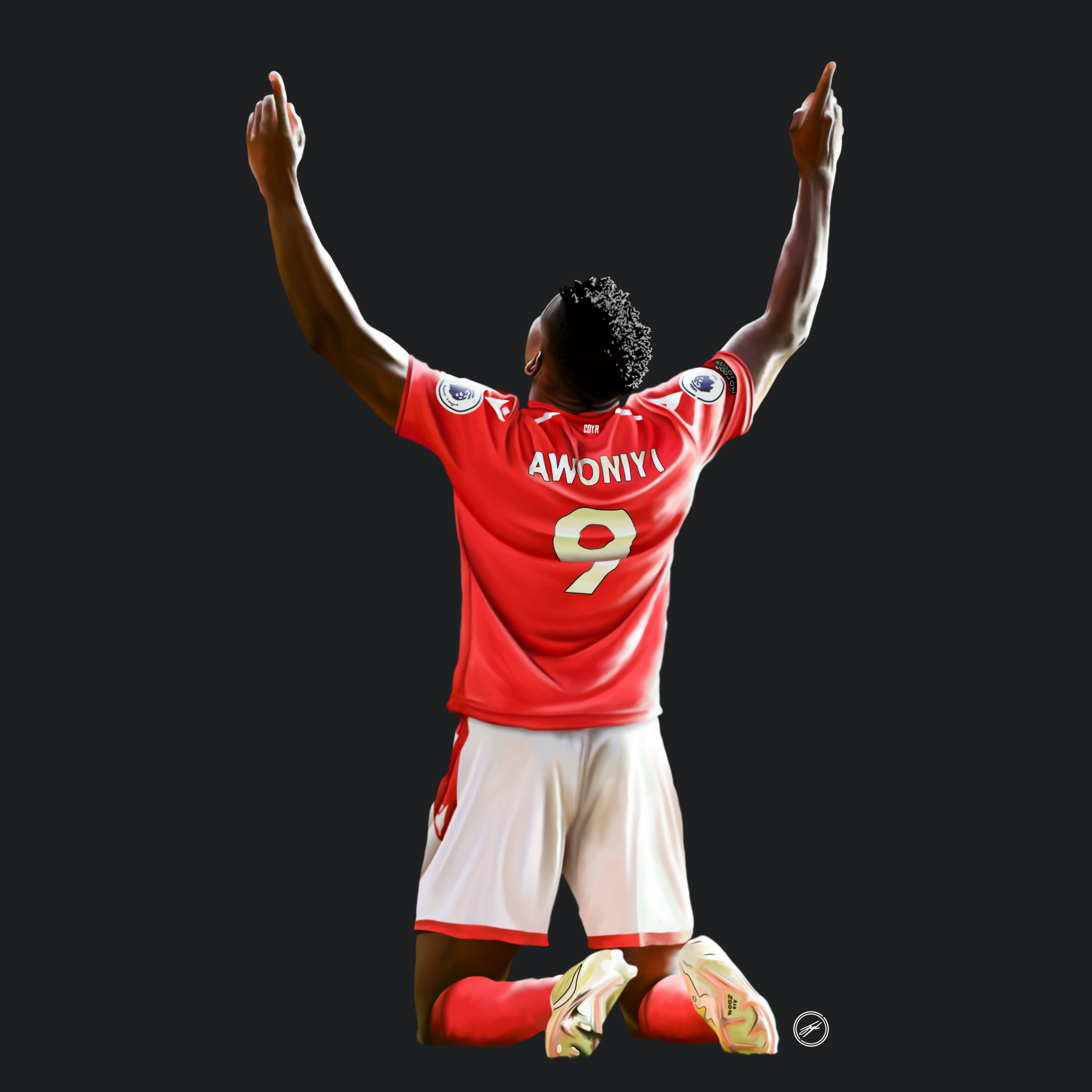 Soccer player wearing red jersey with number 9, kneeling with arms raised, celebrating.