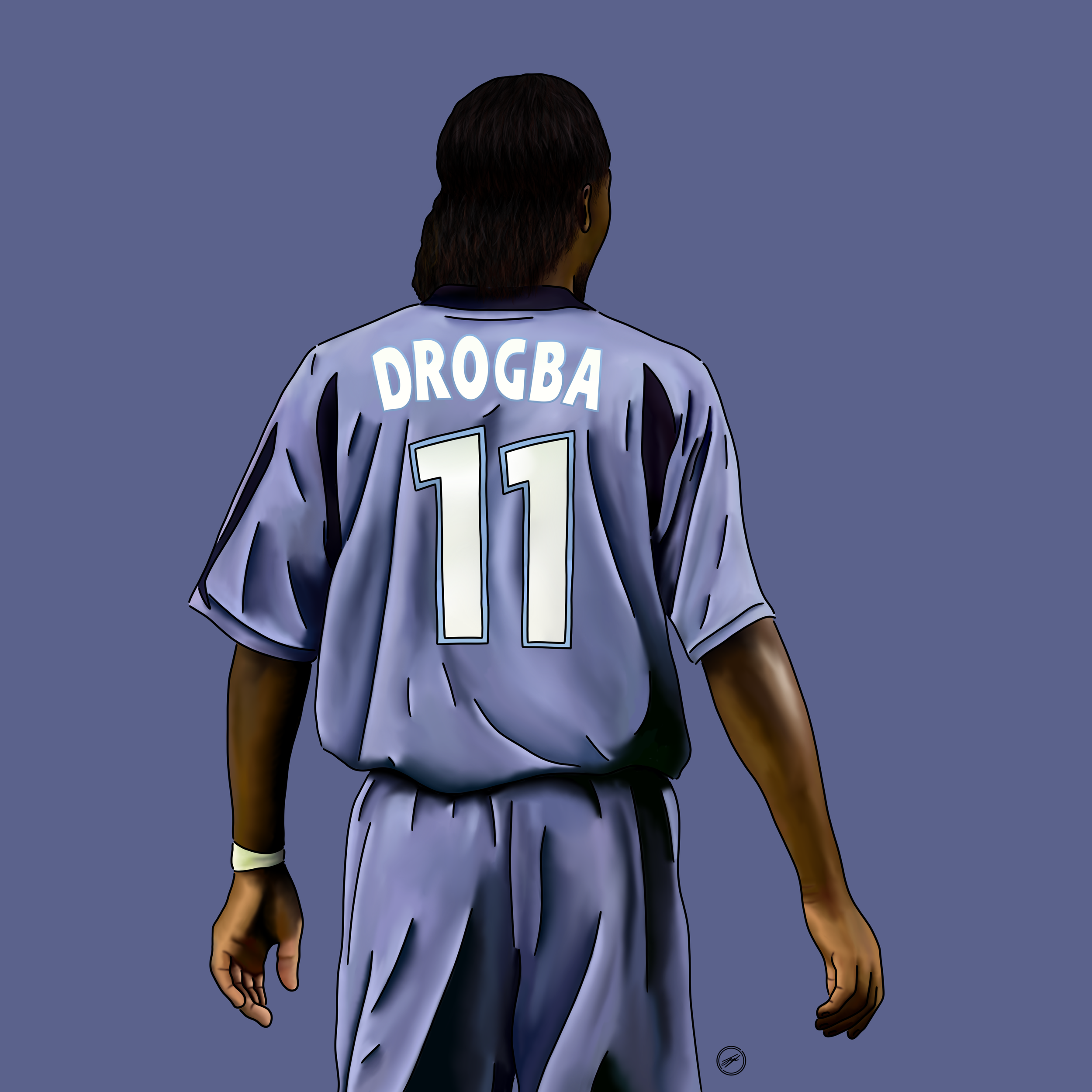 Illustration of a soccer player viewed from the back, wearing a gray jersey with the name 'DROGBA' and the number 11.