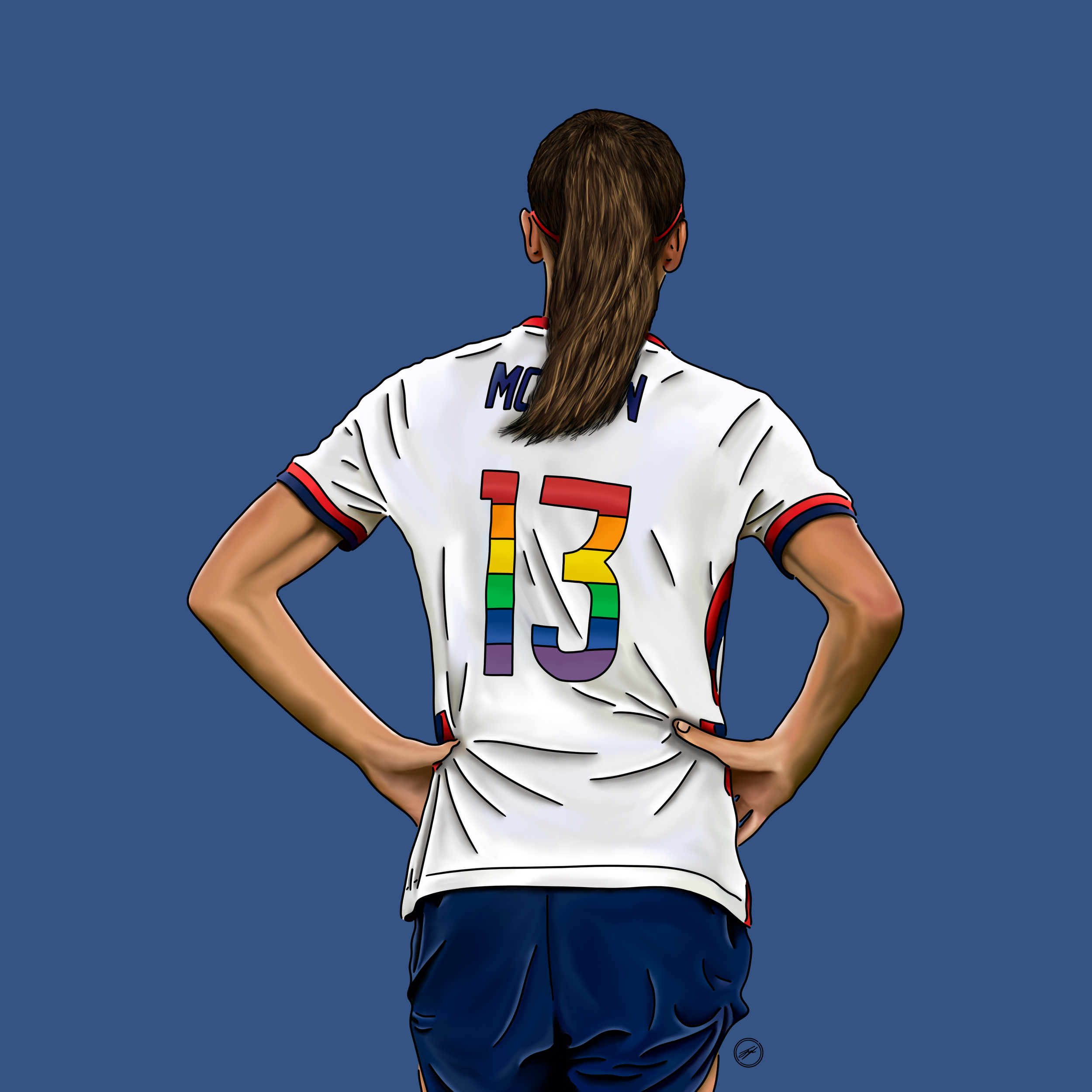 Back view of a woman in a sports jersey with the number 13 in rainbow colors, standing with hands on hips against a solid blue background.