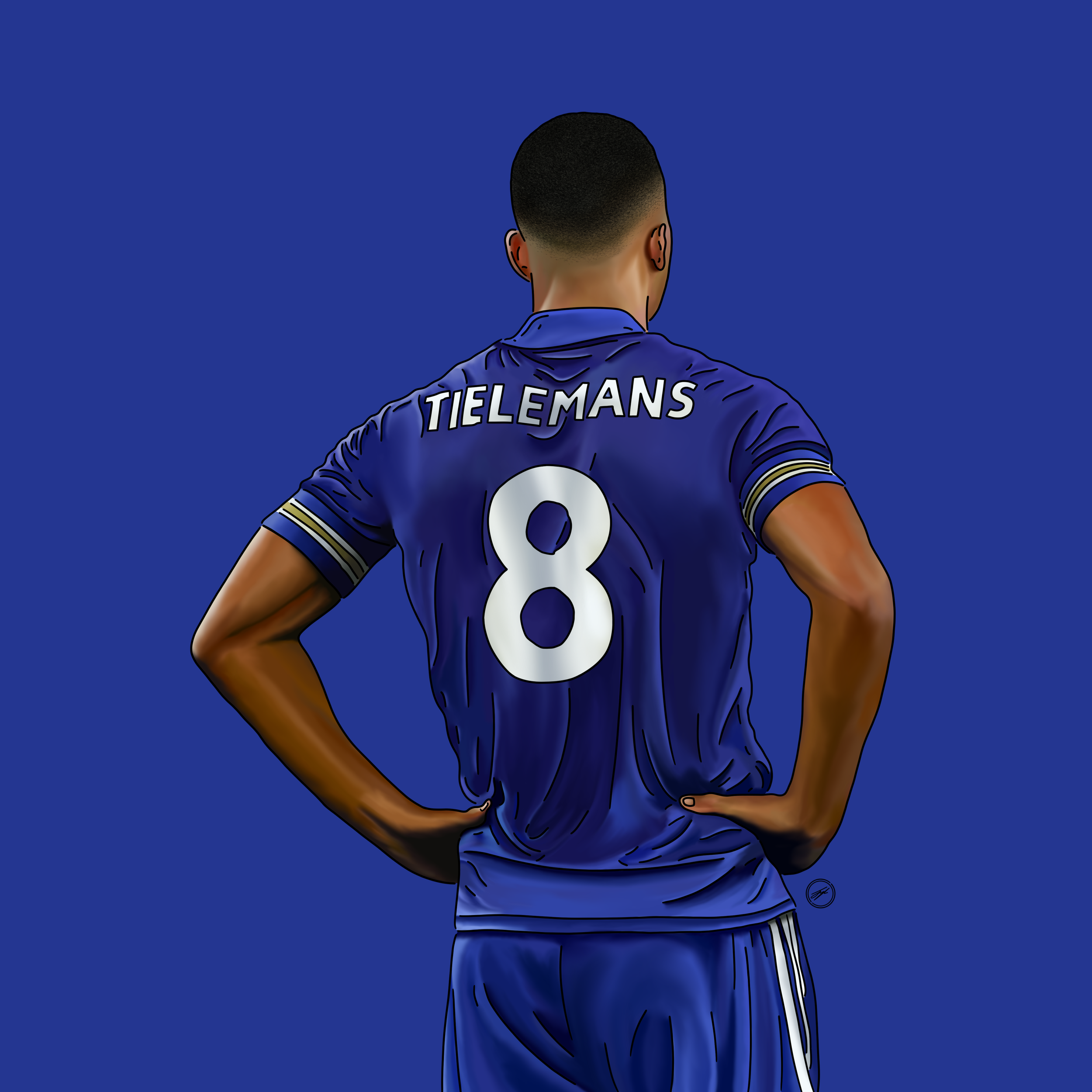 A digital illustration of a football player from behind, wearing a blue jersey with the name 'TIELEMANS' and the number '8', against a solid blue background.