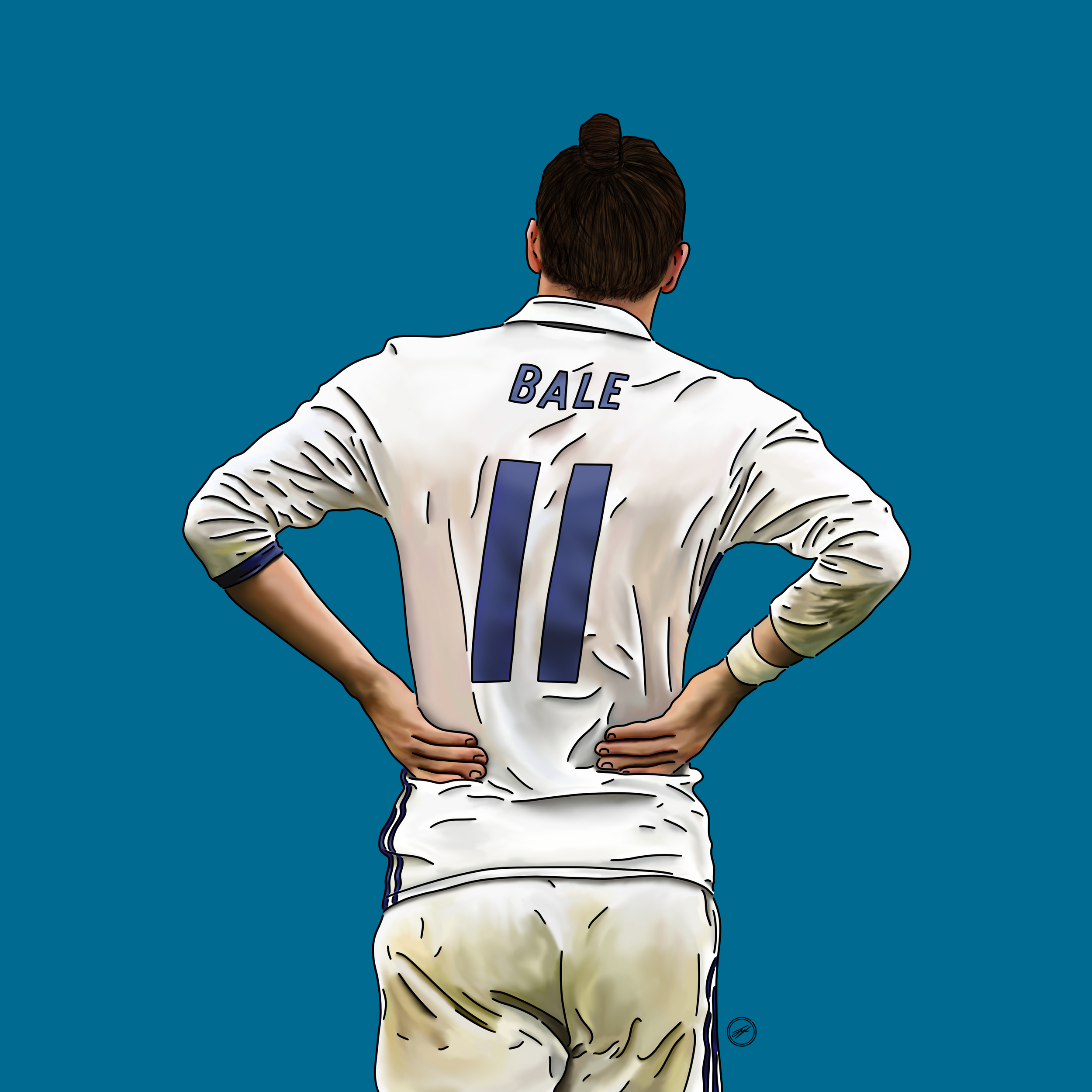 Illustration of a football player from behind, wearing a white jersey with the name 'Bale' and the number 11 on it, standing with hands on hips against a blue background.