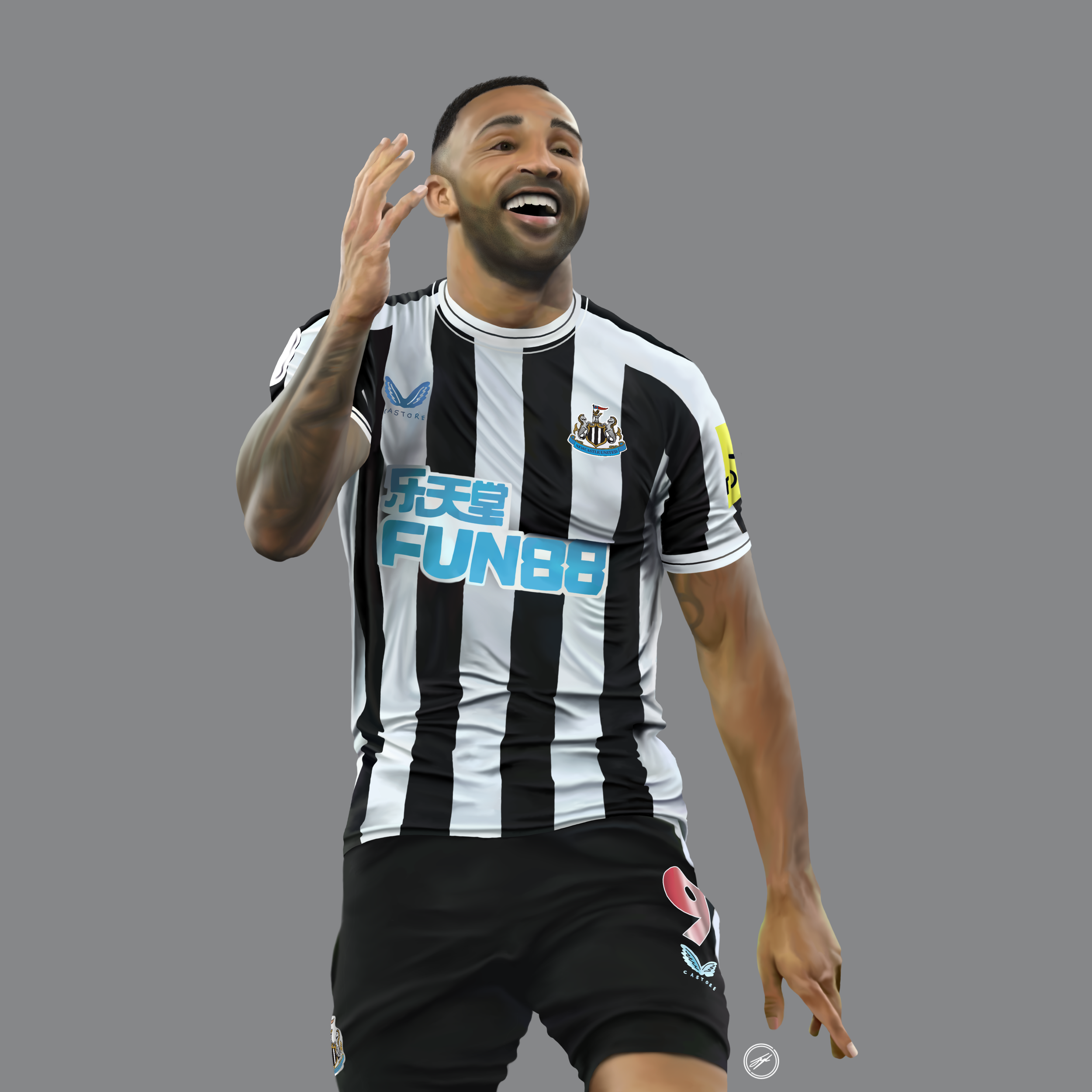 A soccer player in a black and white striped jersey celebrating, against a plain gray background.