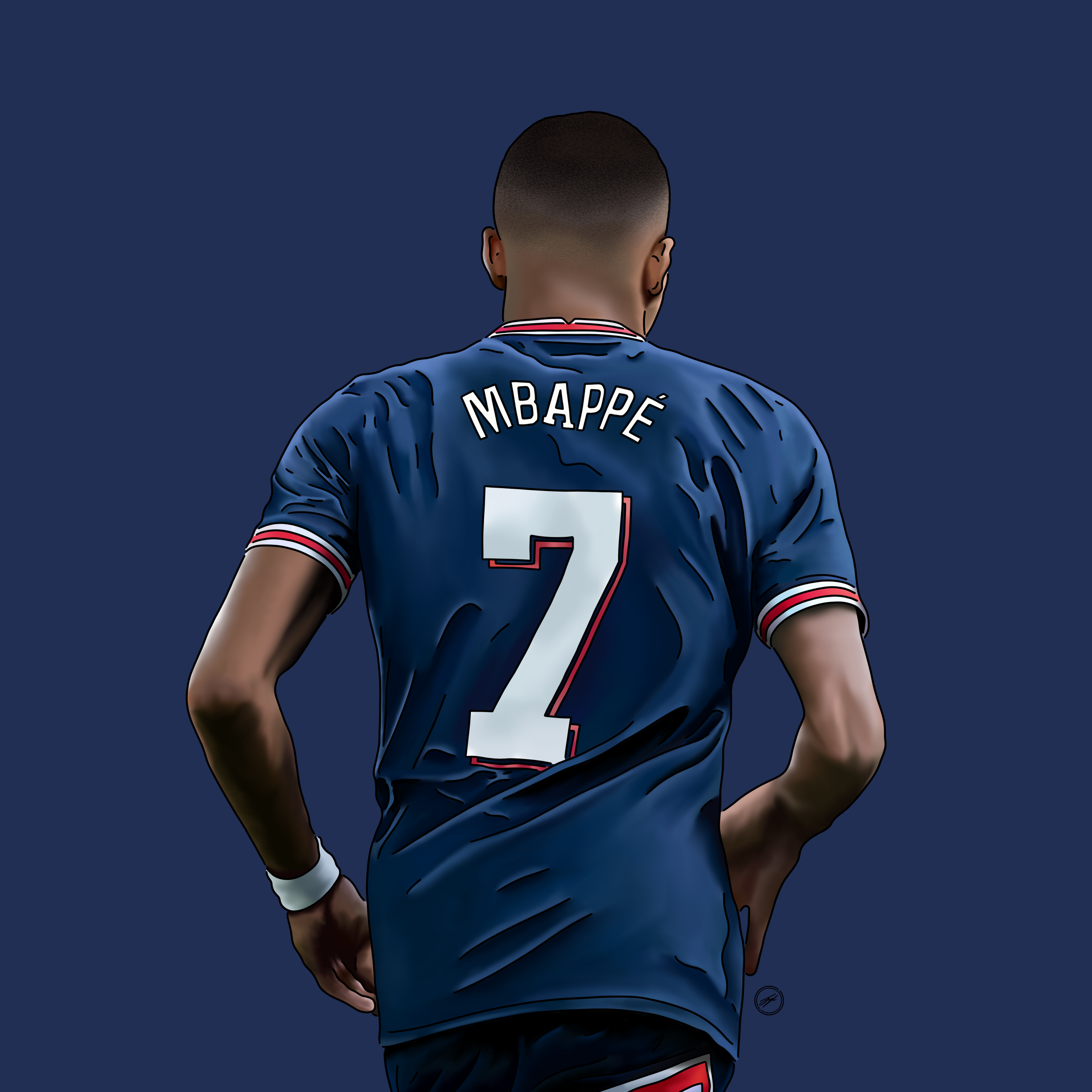 A digital illustration of Kylian Mbappé from behind, wearing a blue football jersey with his name and number 7 on the back, against a solid dark background.