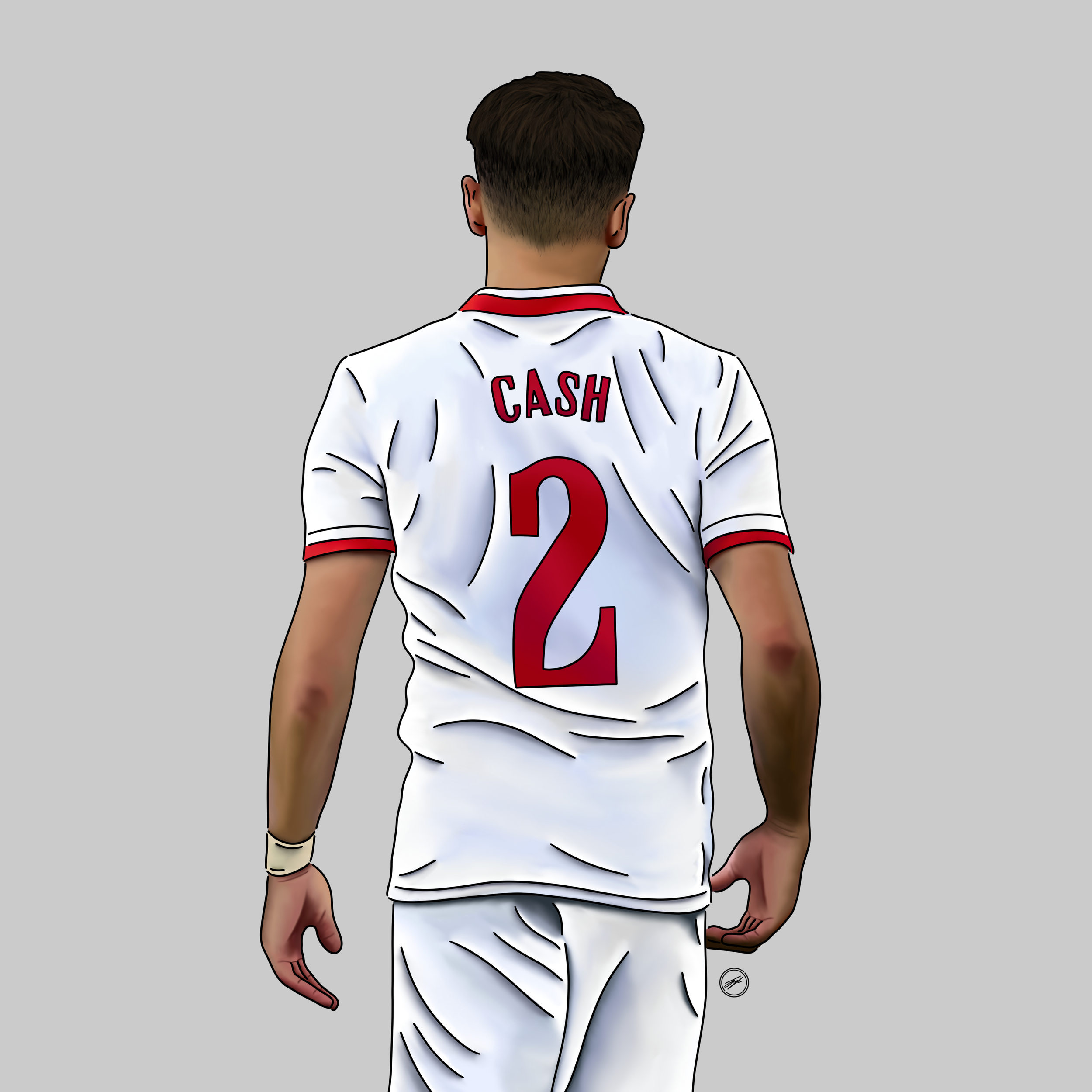 Back view of a male athlete wearing a white sports jersey with red accents, number 2, and the name 'Cash' on the back.