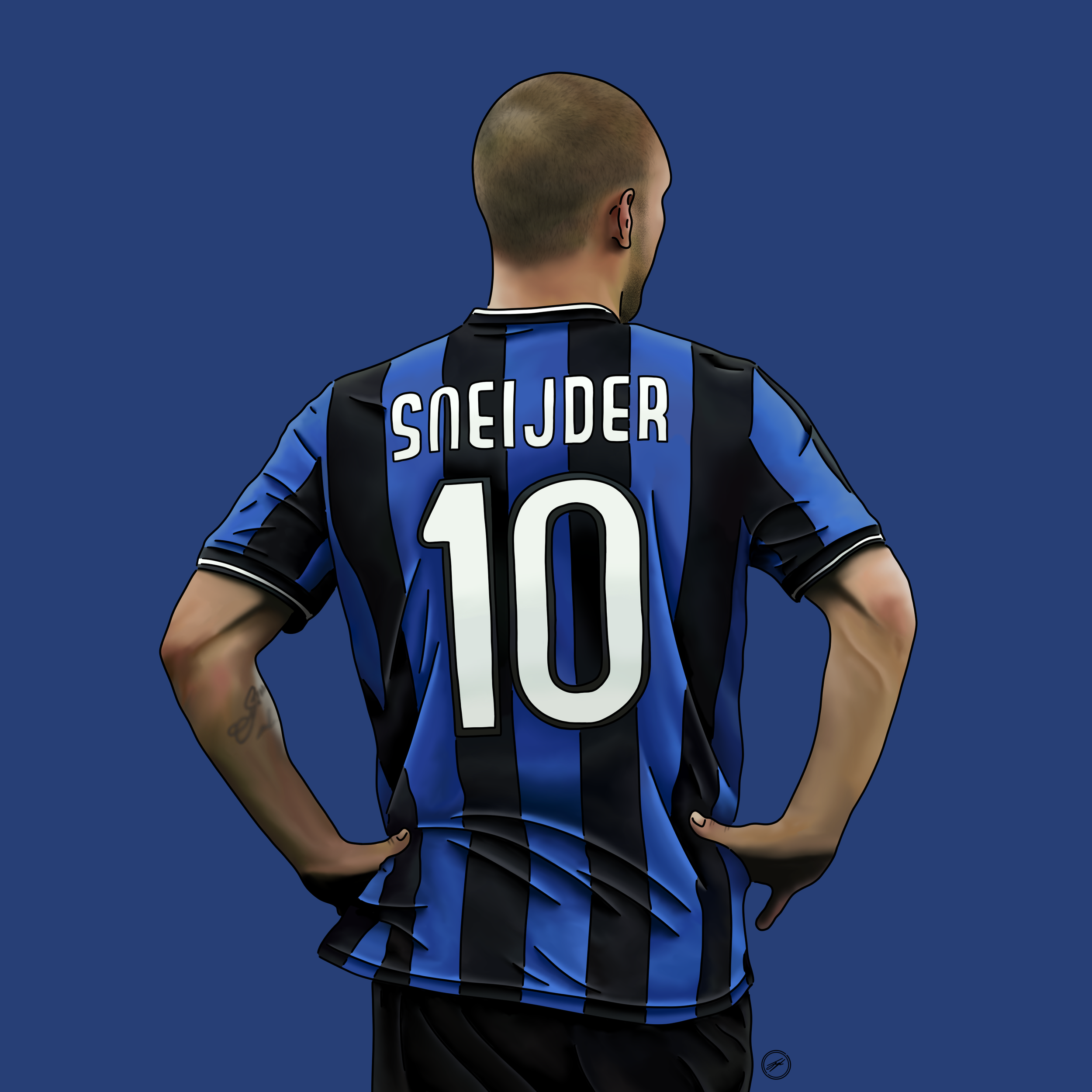An animated image of a male soccer player from behind, wearing a blue and black striped Inter Milan jersey with the name 'SNEIJDER' and number '10' on it. The background is solid dark blue.