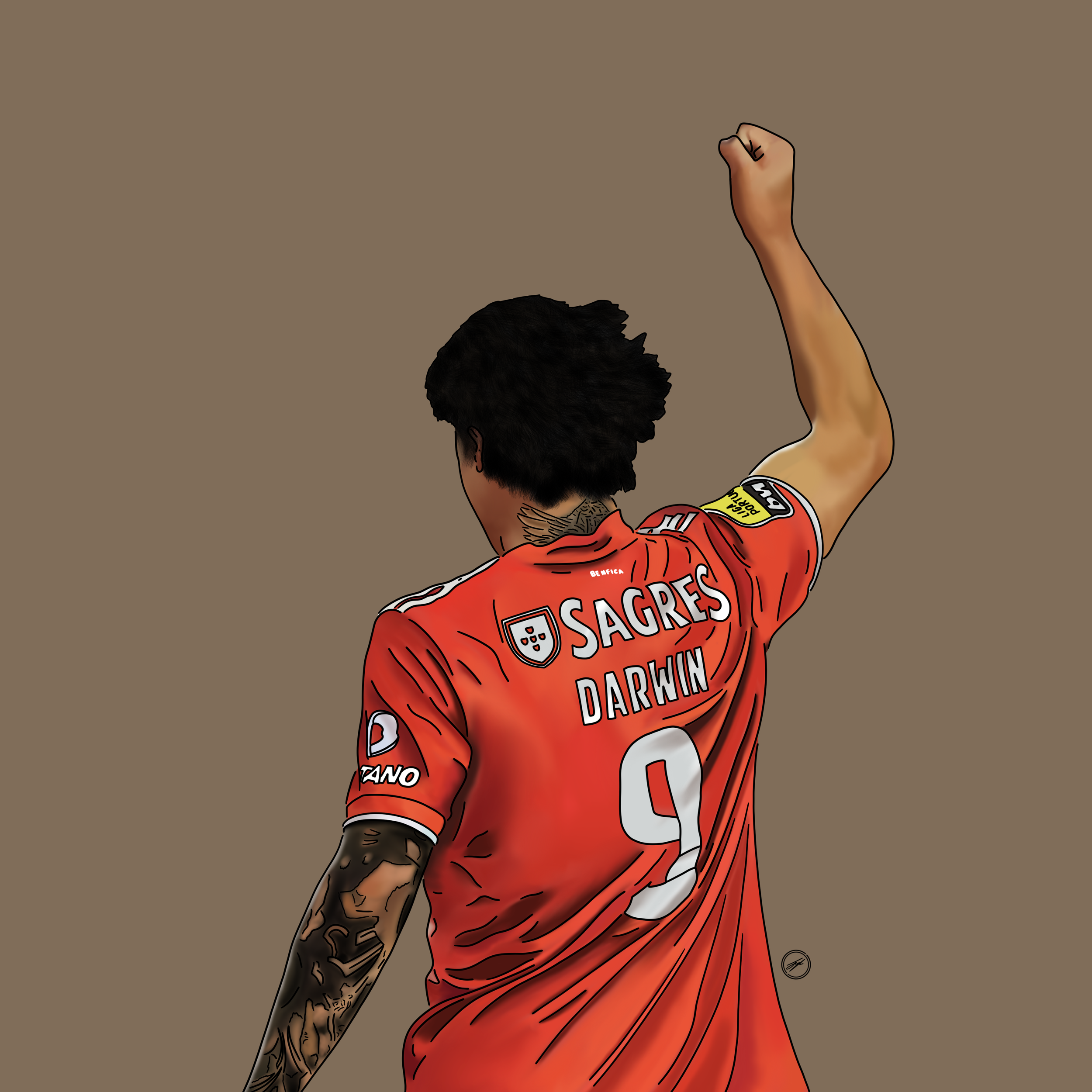 Illustration of a soccer player from behind, wearing a red jersey with the name DARWIN and number 9, raising his right arm in celebration against a plain background.