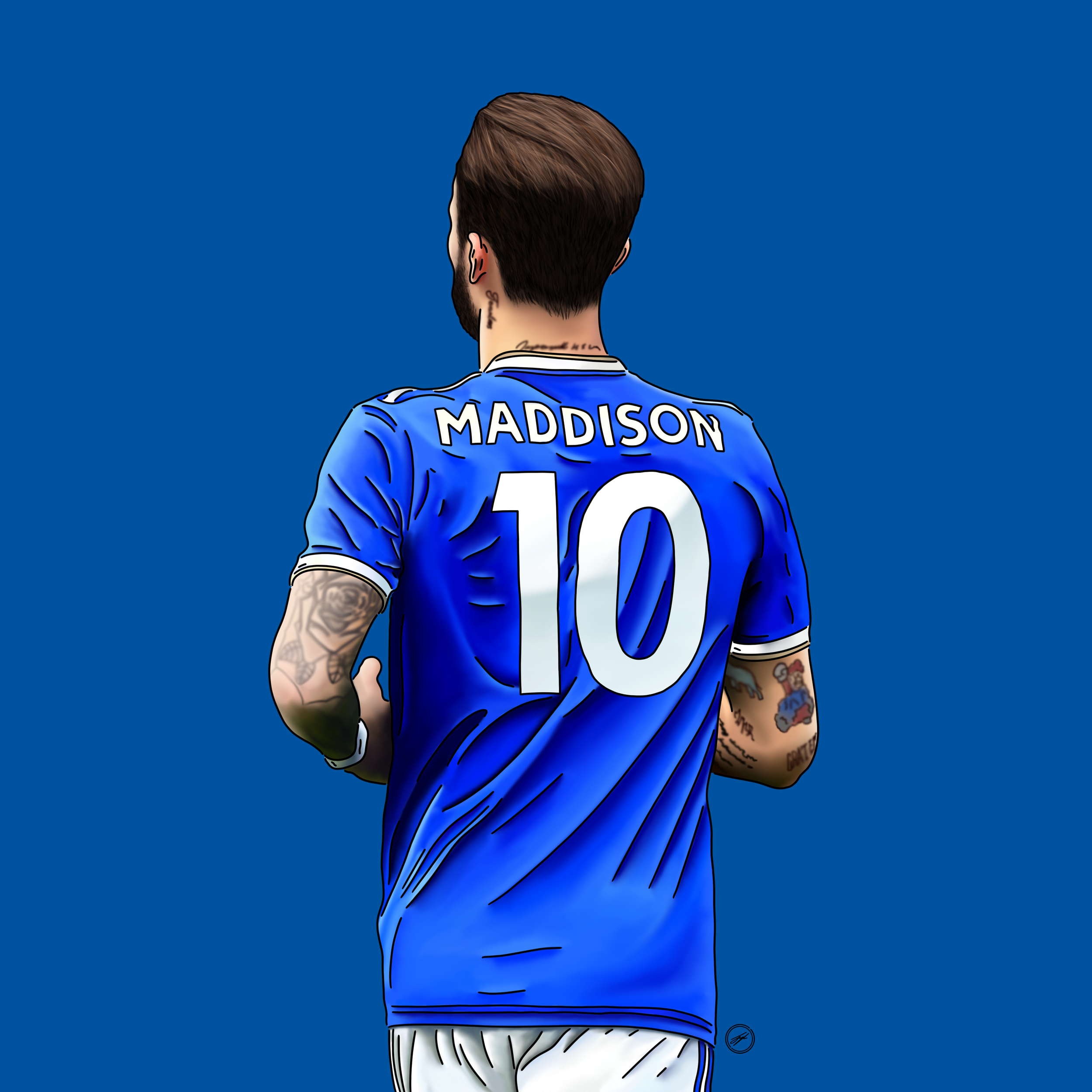 Digital illustration of a male soccer player with a muscular build, seen from the back, wearing a blue jersey with the name 'MADDISON' and the number '10' on it. The player has brown hair and tattoos on both arms, against a plain blue background.