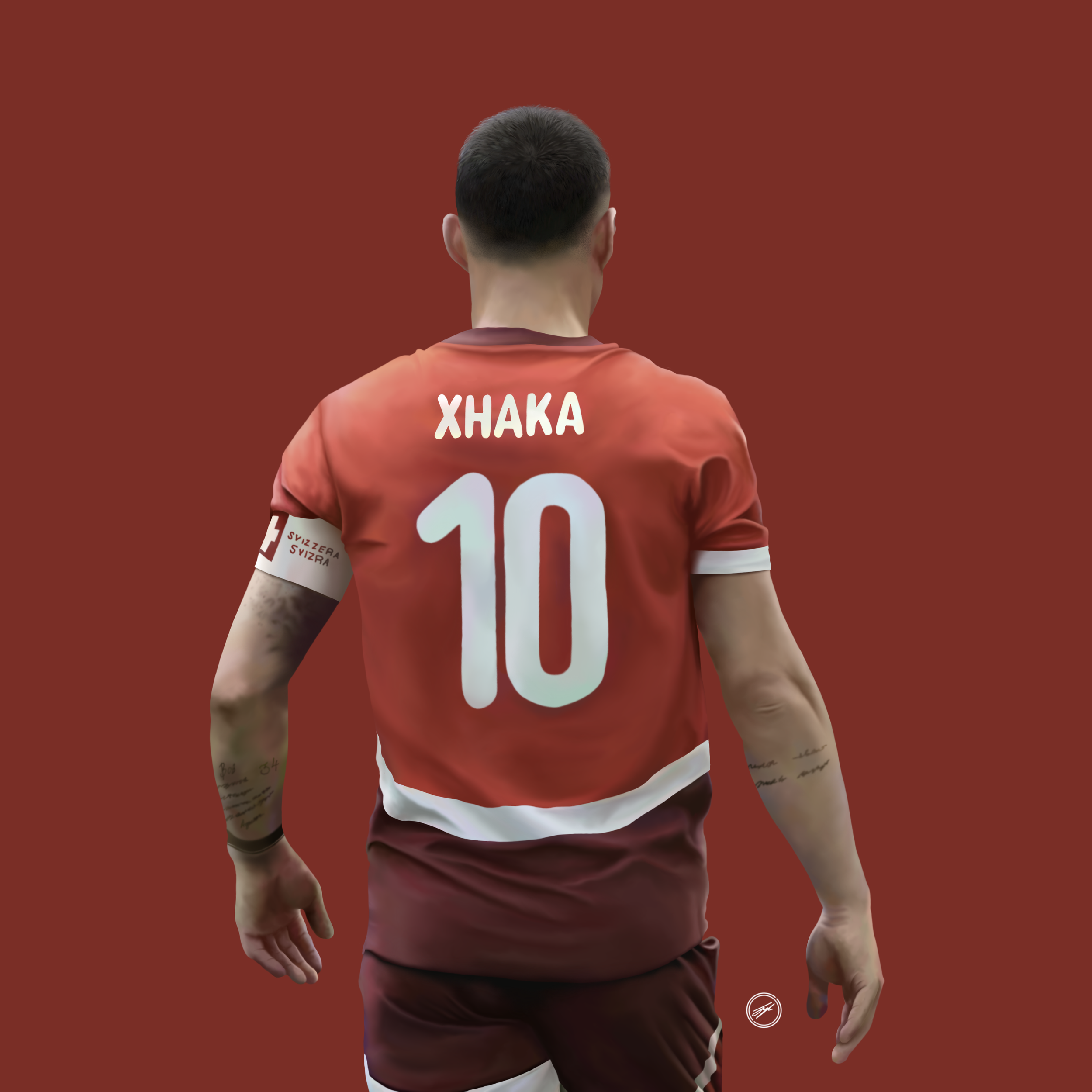 Back of a soccer player wearing a red jersey with the name 'Xhaka' and the number 10, standing in front of a plain red background.