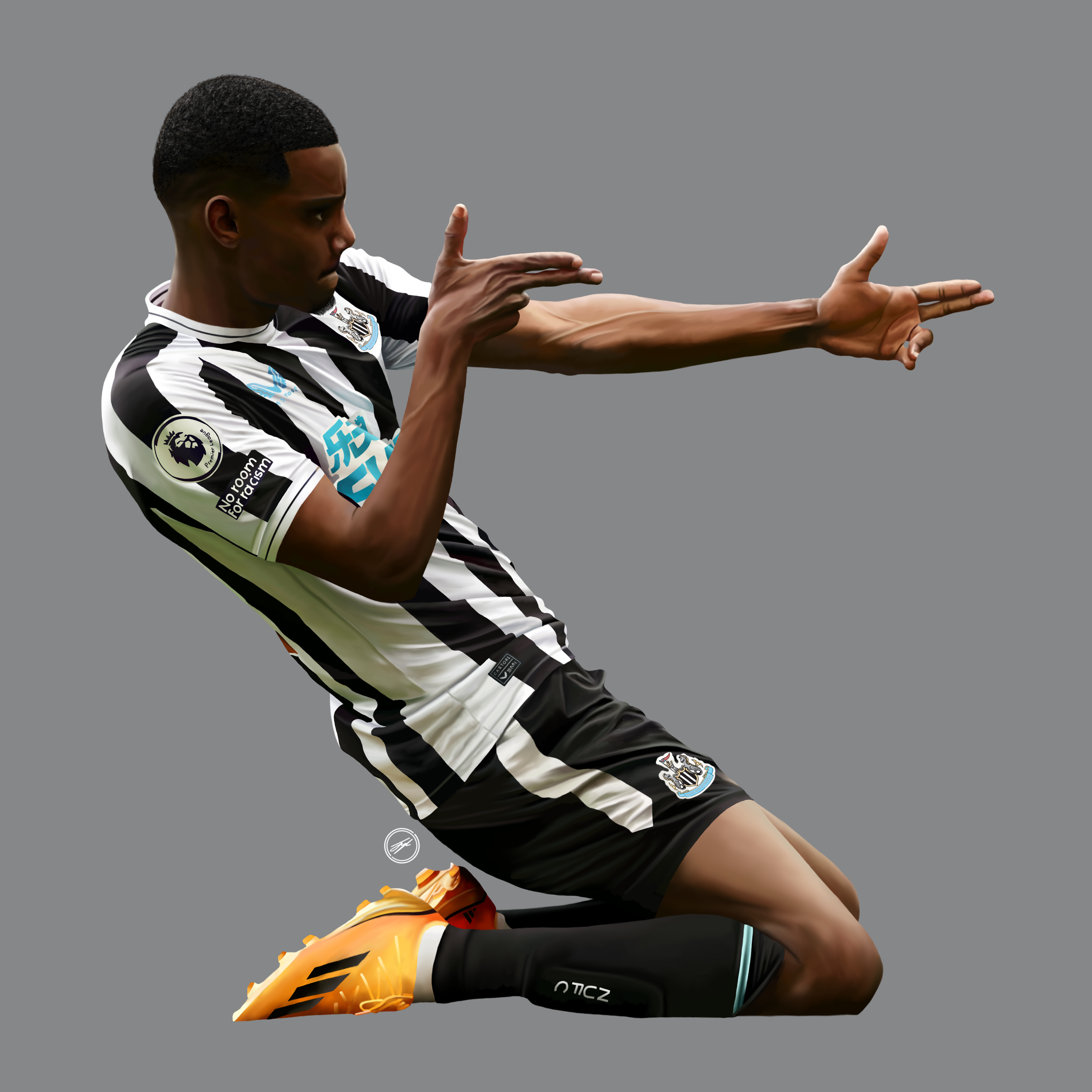 A soccer player in black and white stripes uniform celebrating on gray background.