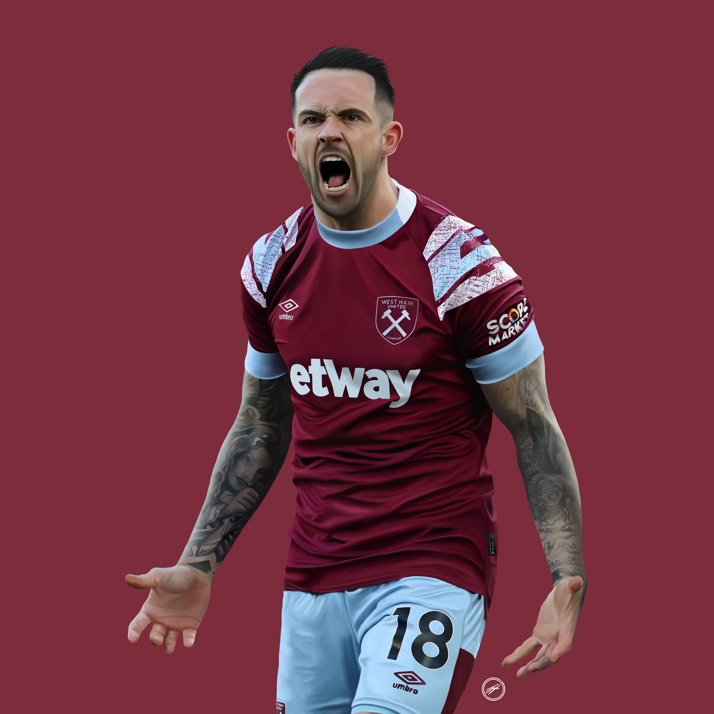 A soccer player wearing a maroon West Ham jersey with light blue accents, shouting with arms spread, tattoos visible on both arms, against a maroon background.