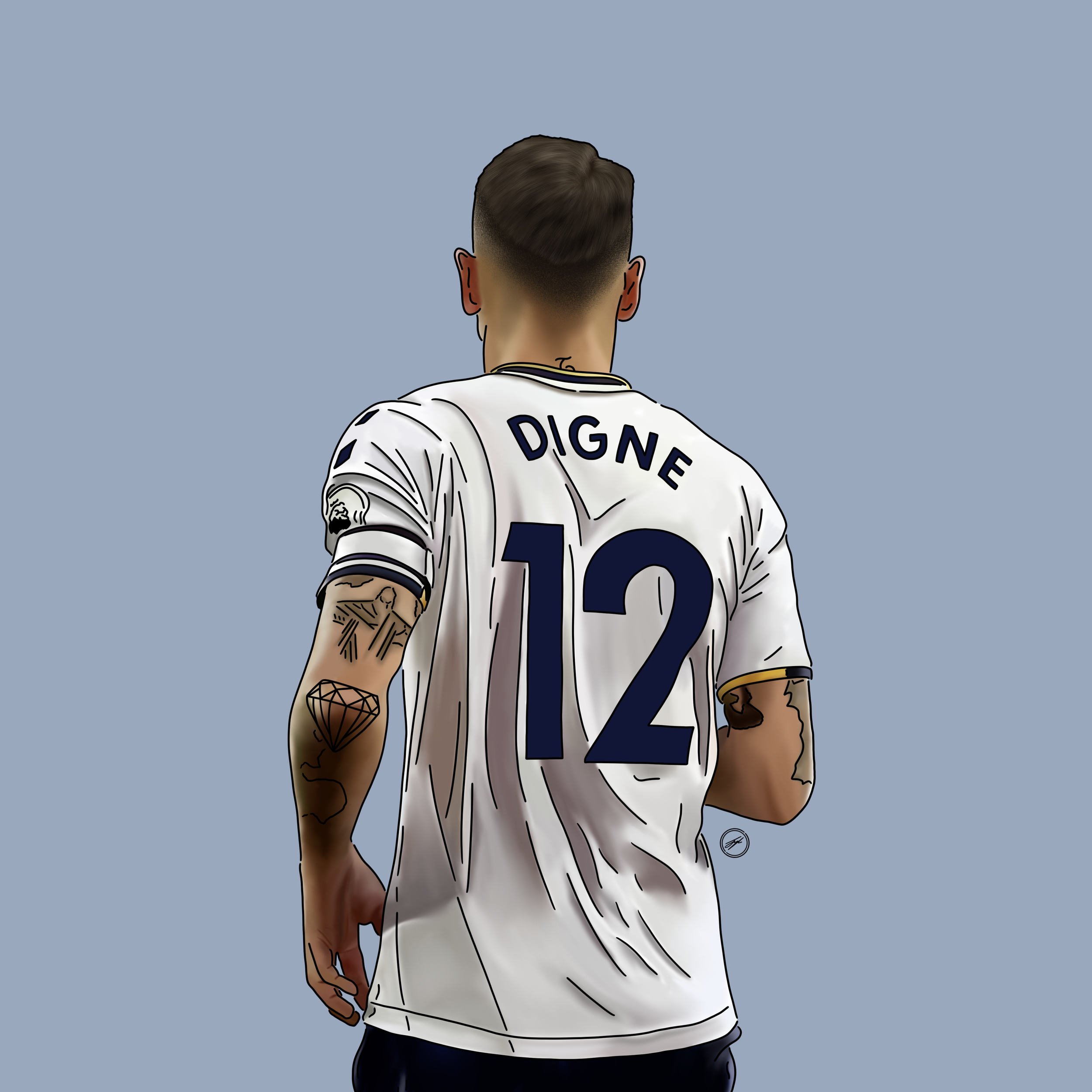 Back view of a male soccer player in a white jersey with the name 'Digne' and number '12', standing against a blue background.