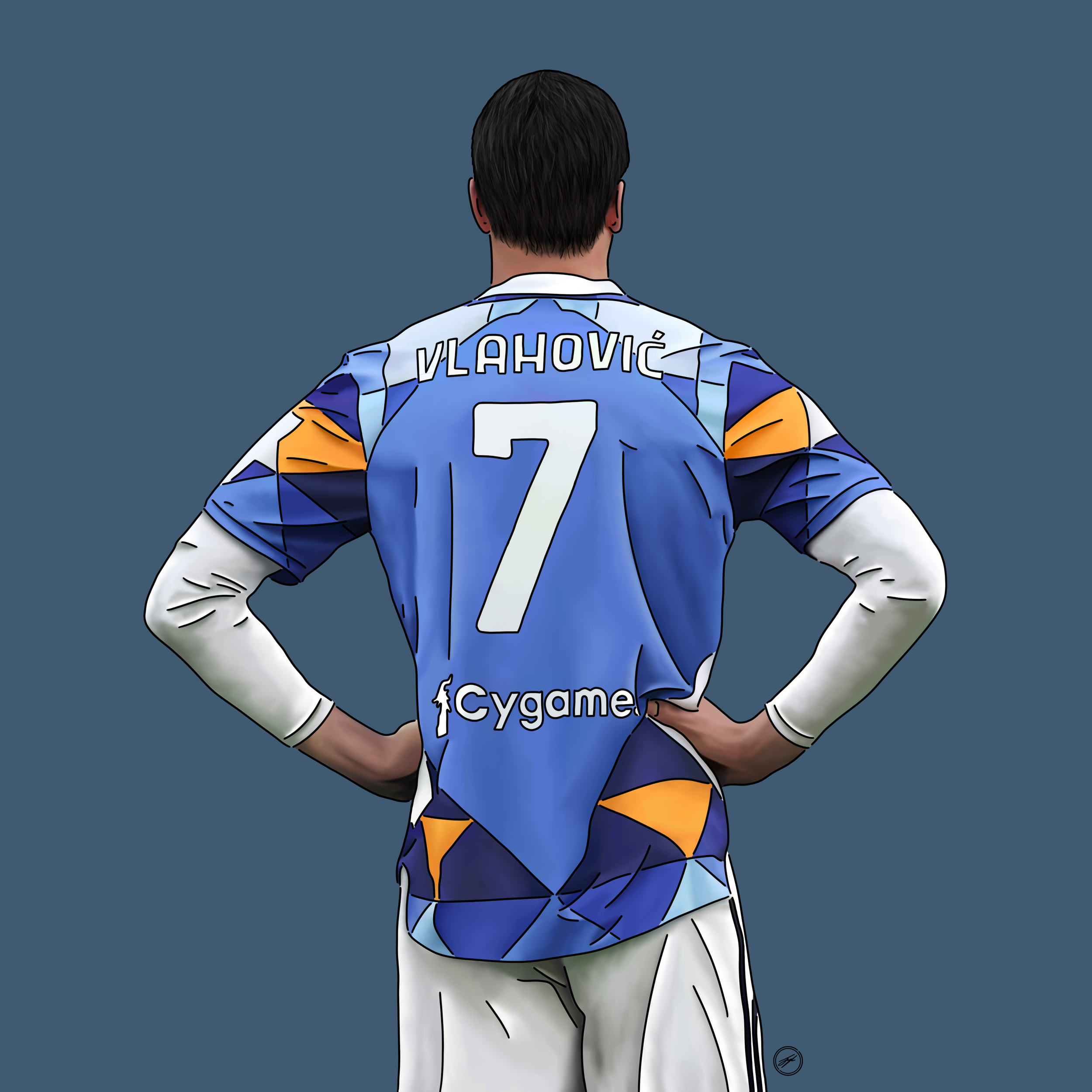 Back view of a soccer player in a blue jersey with the name Vlahović and the number 7, standing with hands on hips against a plain background.