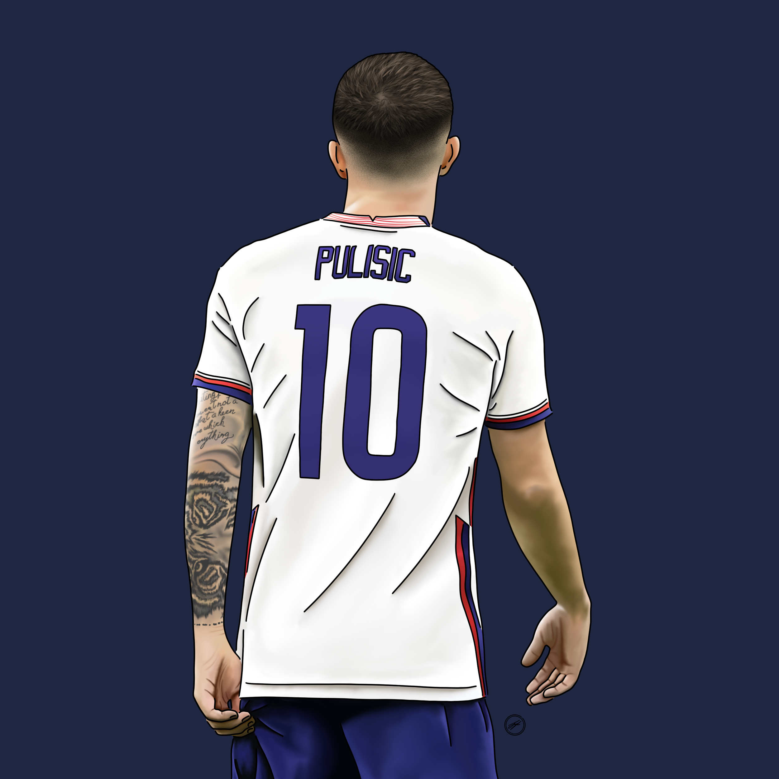 Back view of a soccer player with tattoos, wearing a white jersey with the name 'Pulisic' and the number 10, against a dark background.