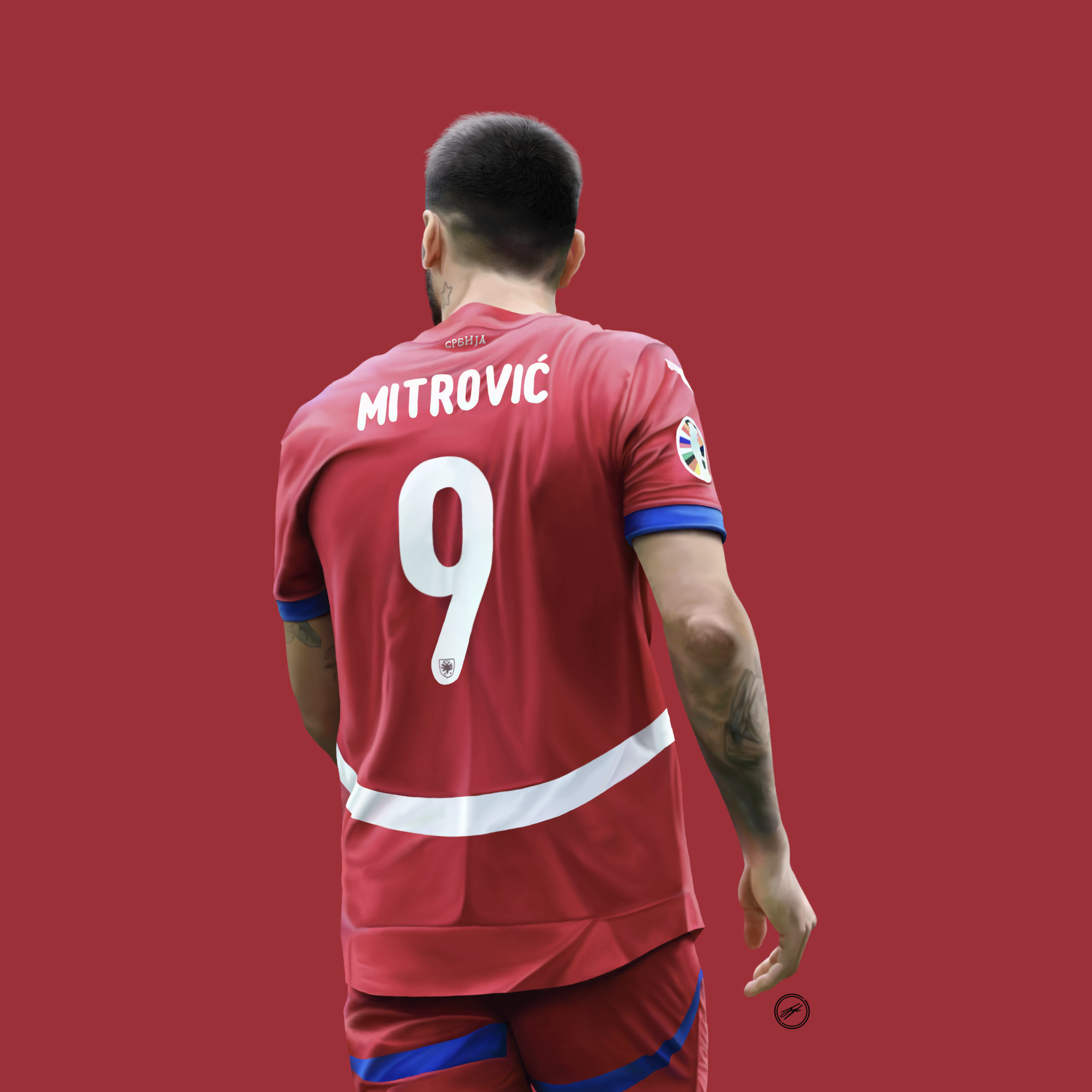 Back of a soccer player in a red jersey with the name Mitrovic and number 9 on it, against a red background.