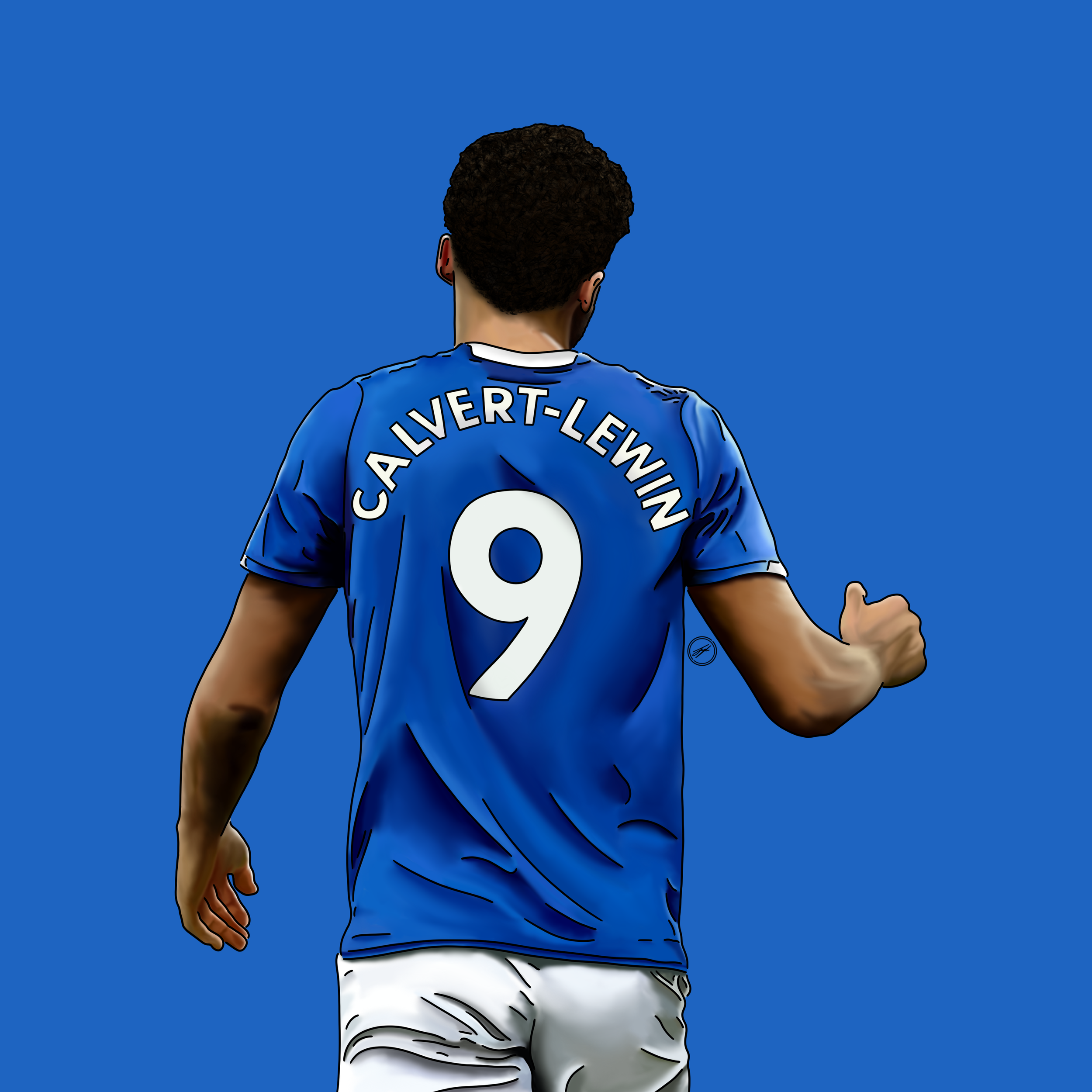 A soccer player wearing a blue jersey with the name 'CAVERT-LEWIN' and the number 9, seen from the back, giving a thumbs-up against a blue background.