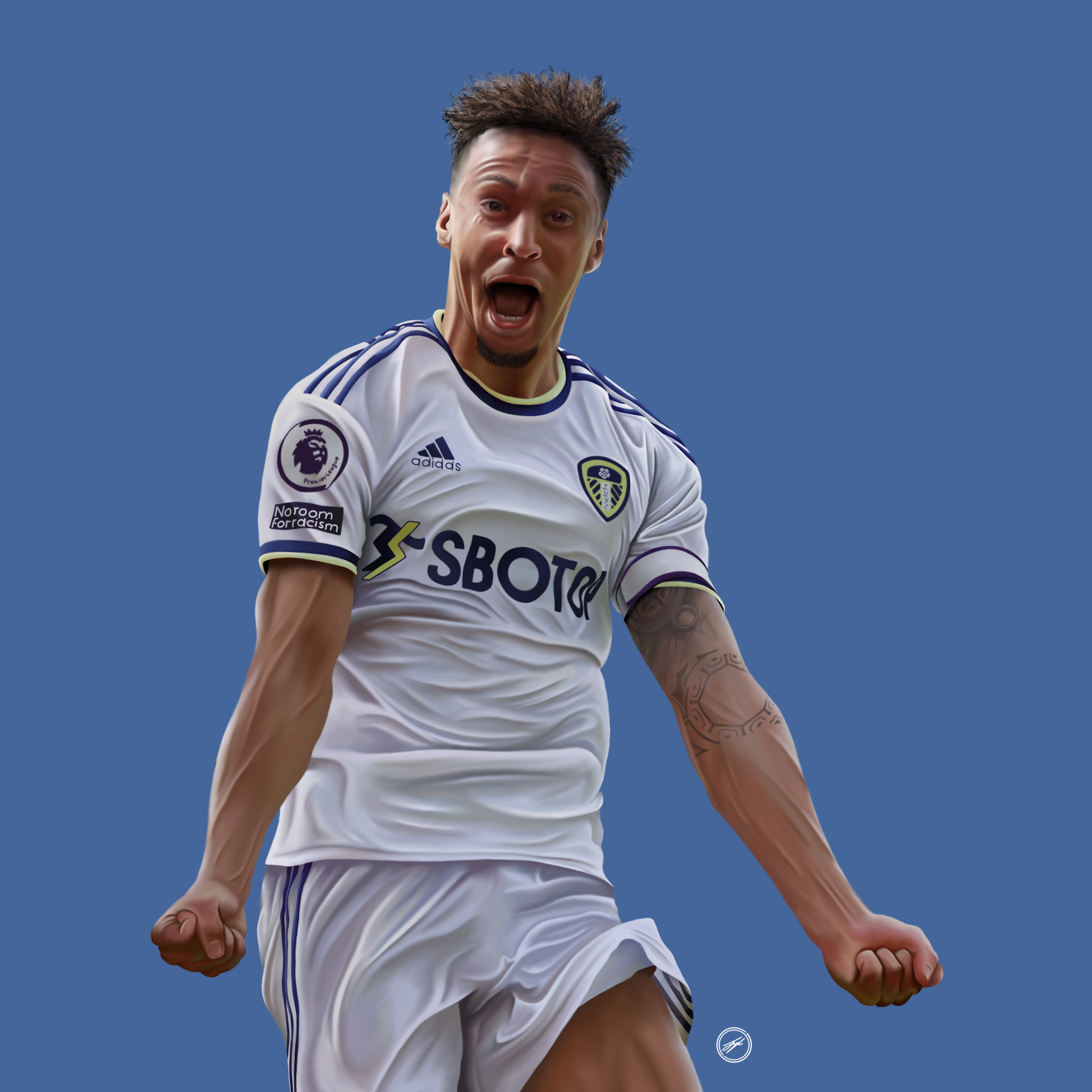 A soccer player in a white Leeds United jersey celebrating with a fist pump and an excited facial expression against a blue background.